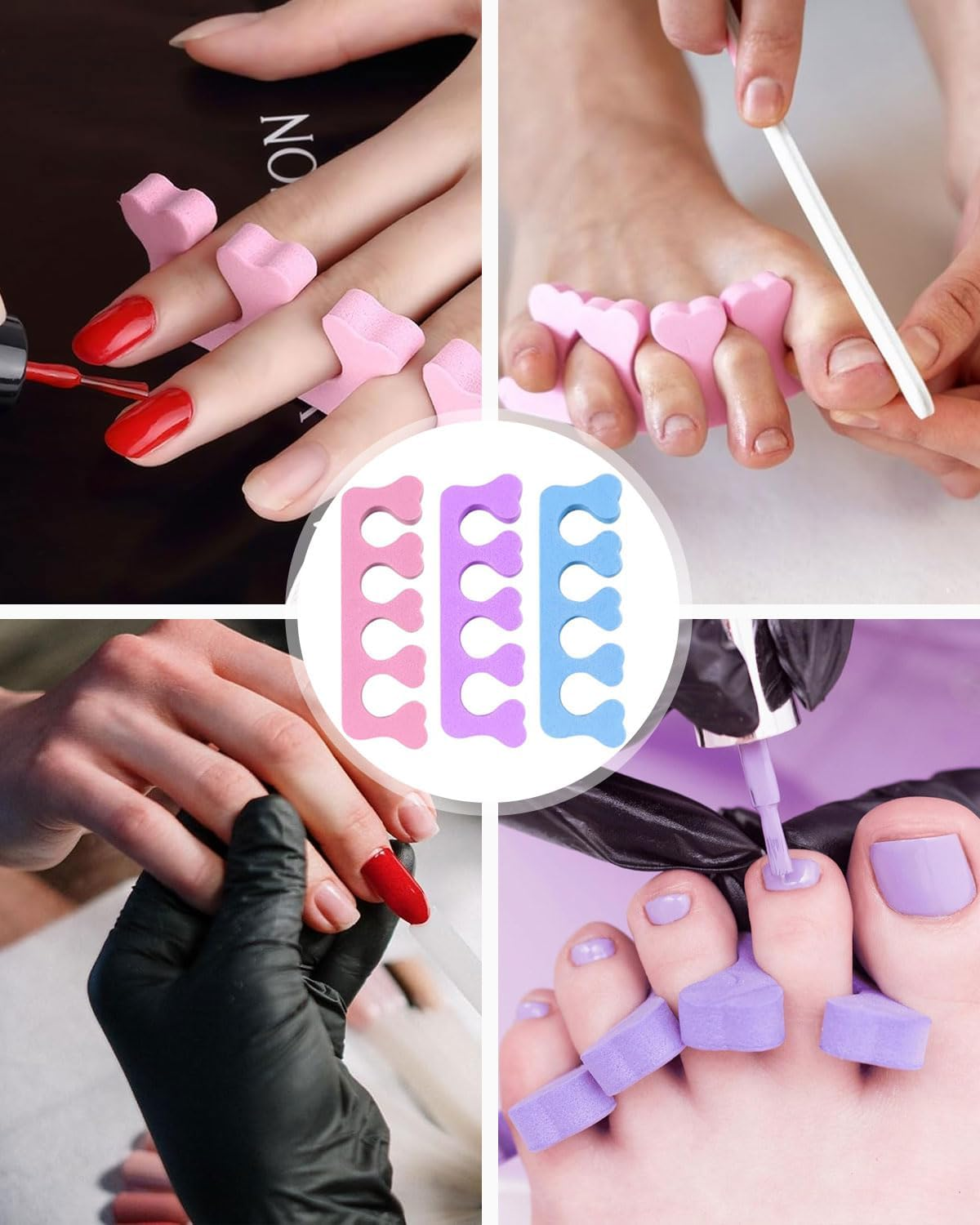 FUGLUS Toe Separator 30 Pieces, Toe Separator & Finger Divider Set with Spacer for Pedicure and Manicure, Toenail Divider Separator Tool (Purple, Pink, Blue)