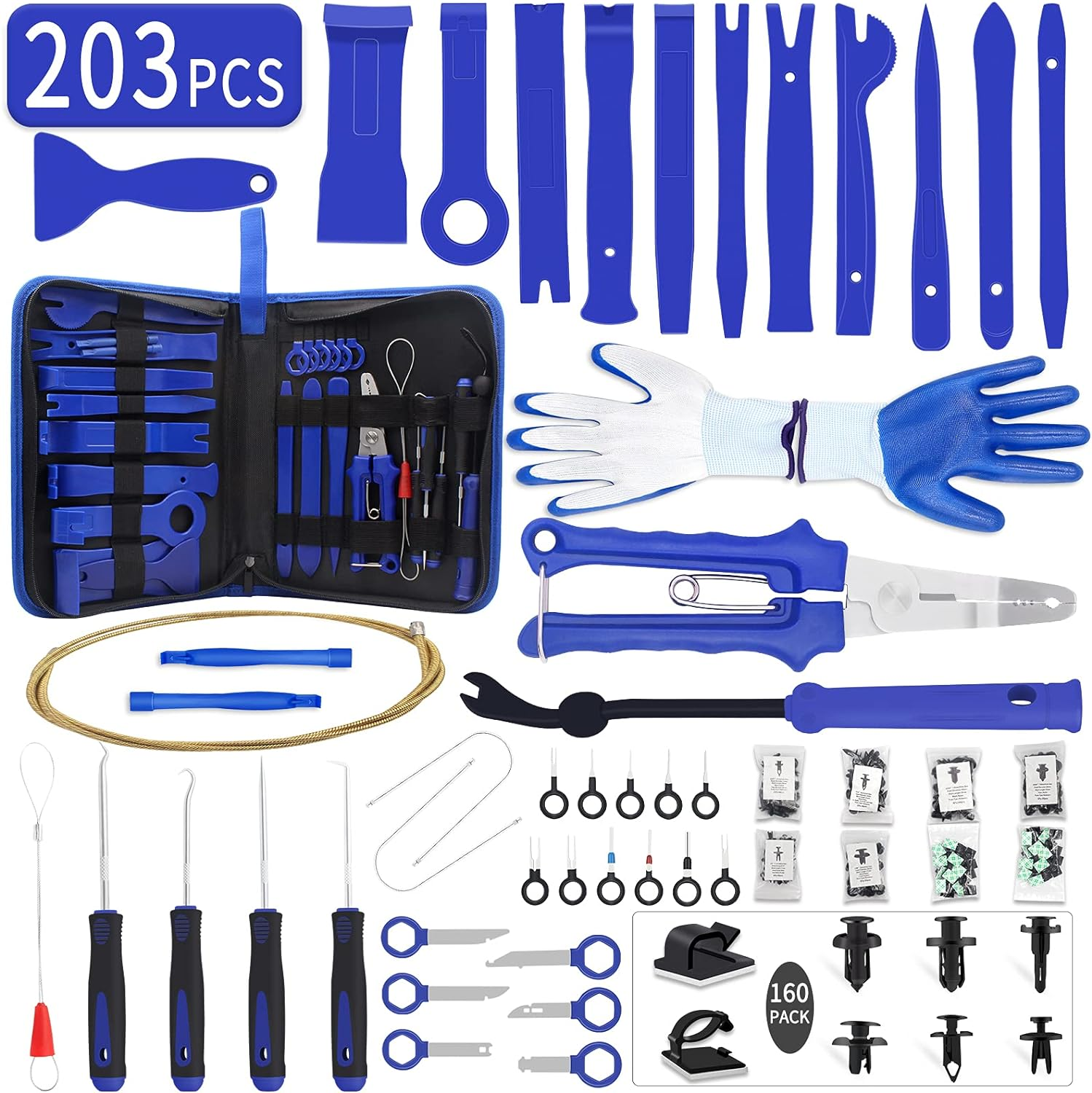 Trim Removal Tool Kit, Wetado 203 Pcs Fastener Remover Door Clip Remover, Car Panel Door Removal Tool Set, Auto Clip Plier Stereo Removal Tool, Auto Push Pin Bumper Retainer Clip with Storage Bag -Red