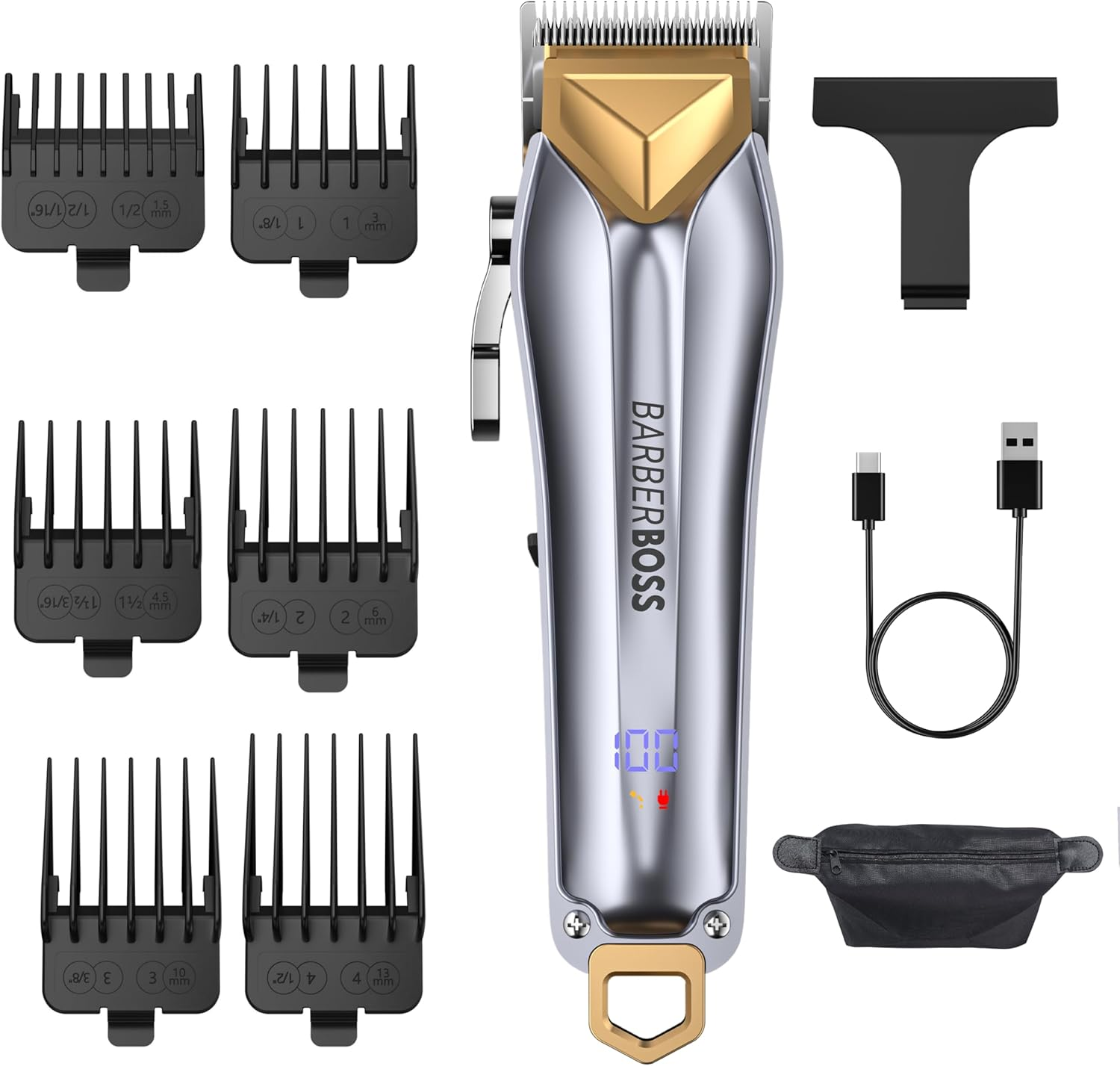 Barberboss Hair and Beard Trimmer Set for Men, Wireless Men'S Hair Trimmer with Adjustable Rotary Knob, 6 Attachments, USB Charging Function and LED Display, Complete Grooming Kit for Men image number 2