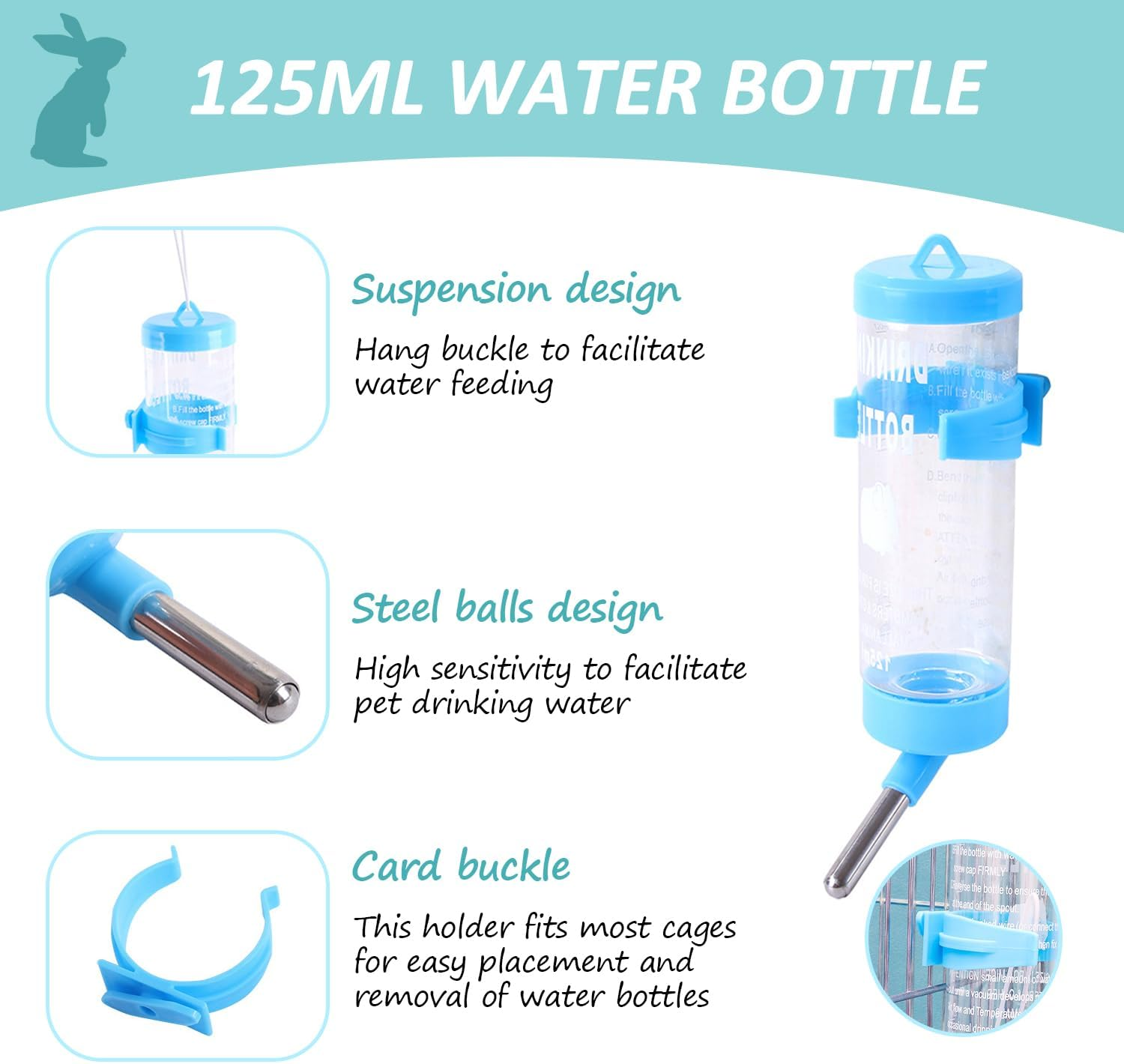 Rabbit Feeder and Water Dispenser Set, Hanging Hay Food Bin, 2 in 1, Food Bowl for Bunny, Chinchillas, Guinea Pigs and Other Small Animals, Keep Hay and Pellet Organized (Blue) image number 5