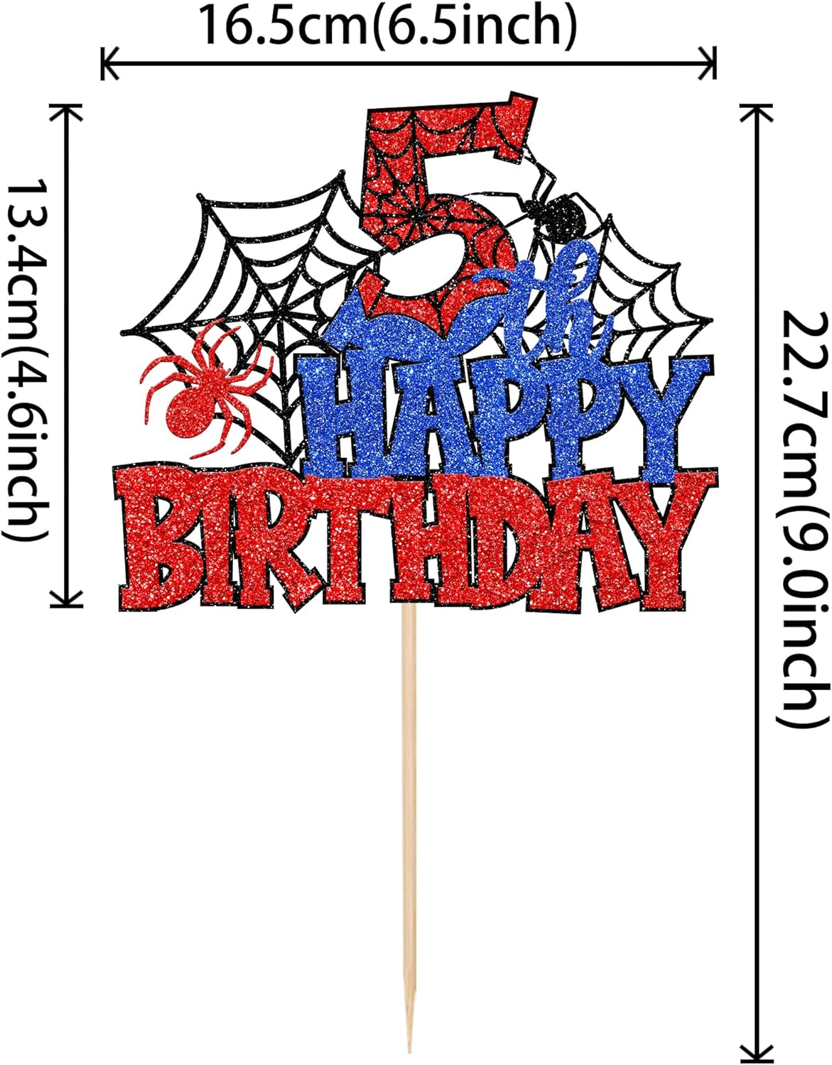 SYKYCTCY 1 Pack Spider Happy 5Th Birthday Cake Topper Glitter Spooky Party Cake Picks for Spider Theme 5Th Birthday Baby Shower Boys Girls Kids Party Supplies