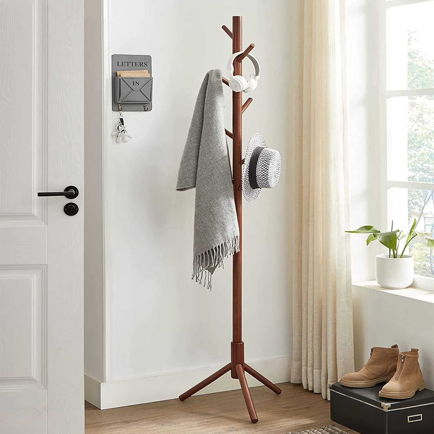Joiena Wooden Coat Rack Tree with 8 Hooks, 3 Adjustable Sizes Free Standing, Solid Wood, Super Easy Assembly Hallway, Entryway Coat Hanger Stand for Clothes Suits (Wood)