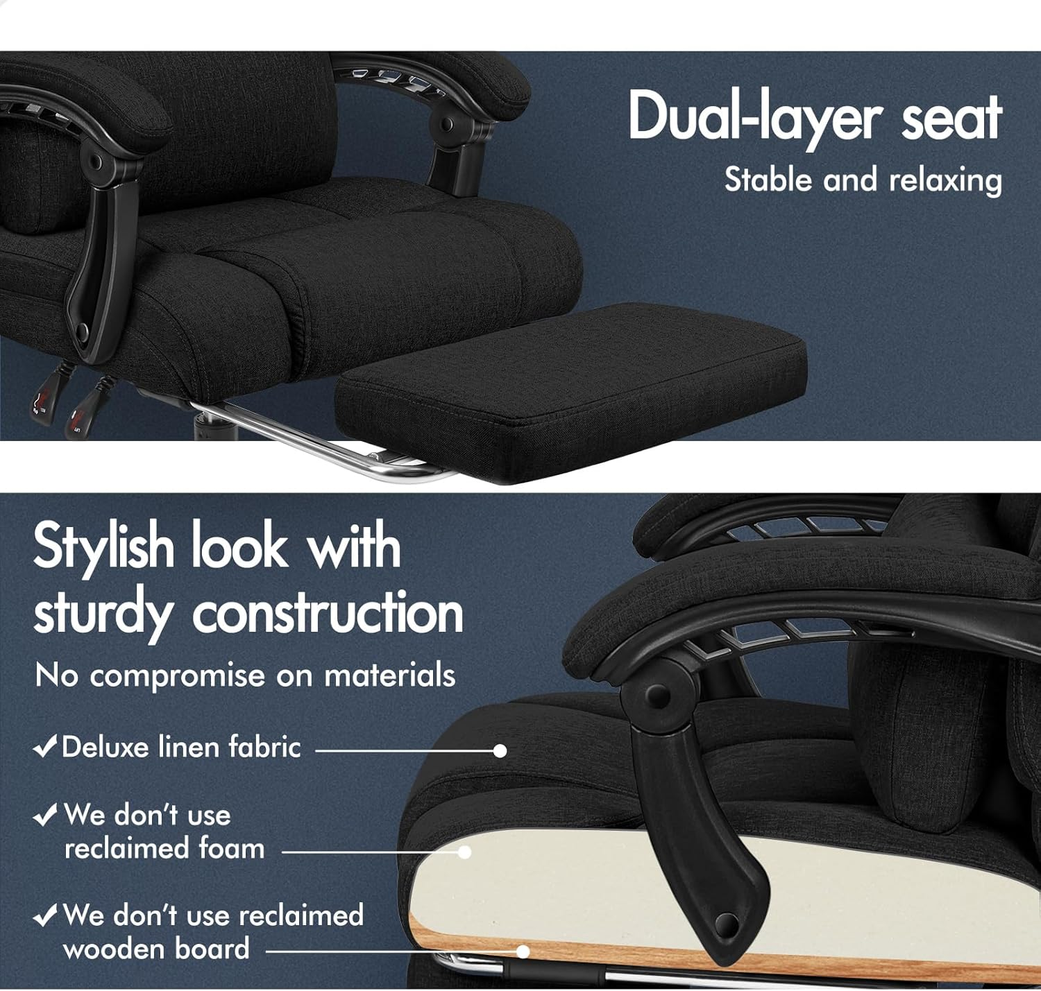 ALFORDSON Ergonomic Executive Office Chair with Footrest, High Back Desk Computer Chair Recliner for Home Office Study Student, Linen Fabric Video Gaming Chair, Boss Fabric Black