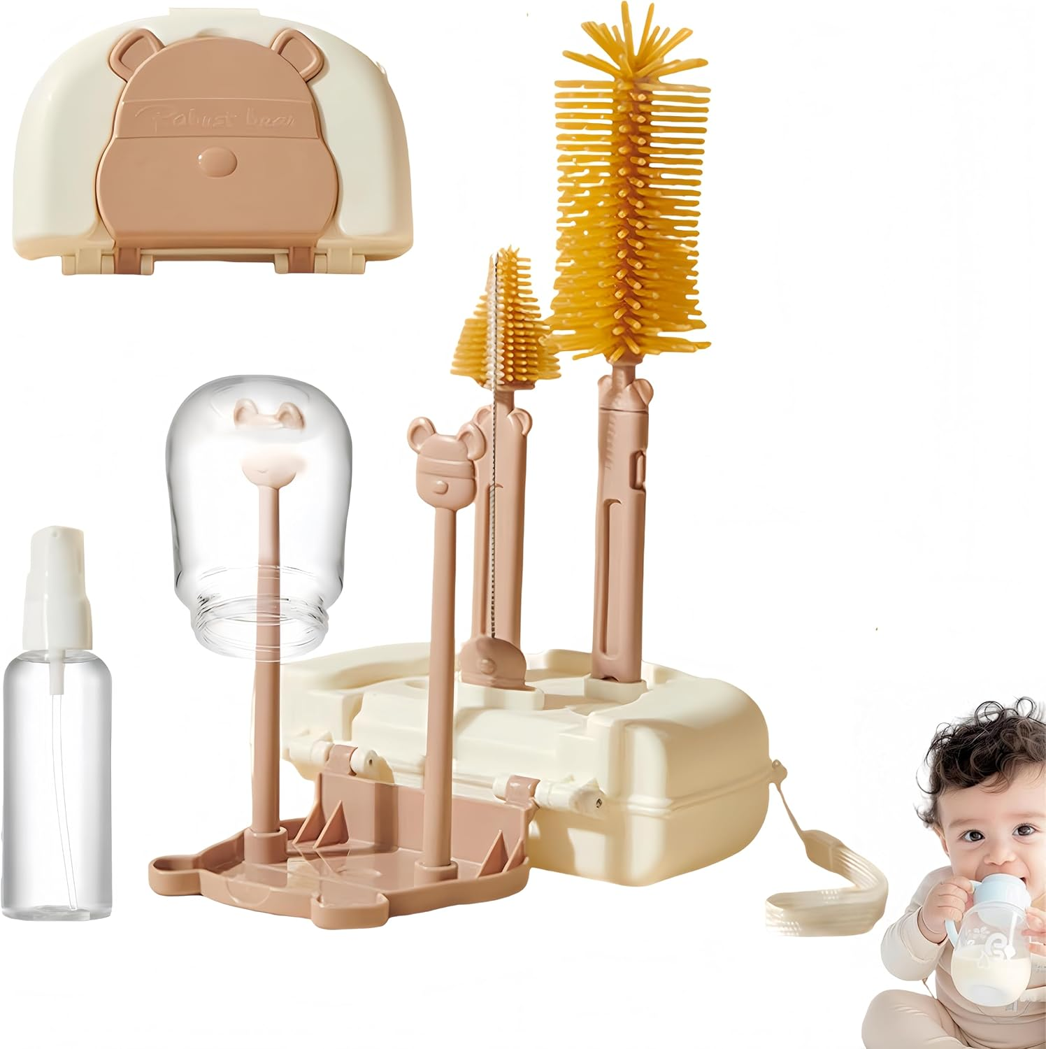 Baby Bottle Cleaning Brush 7 in 1 Bottle Washer Drying Rack Straw Cleaner Brush Kit Silicone Bottle Brush Baby Travel Essentials