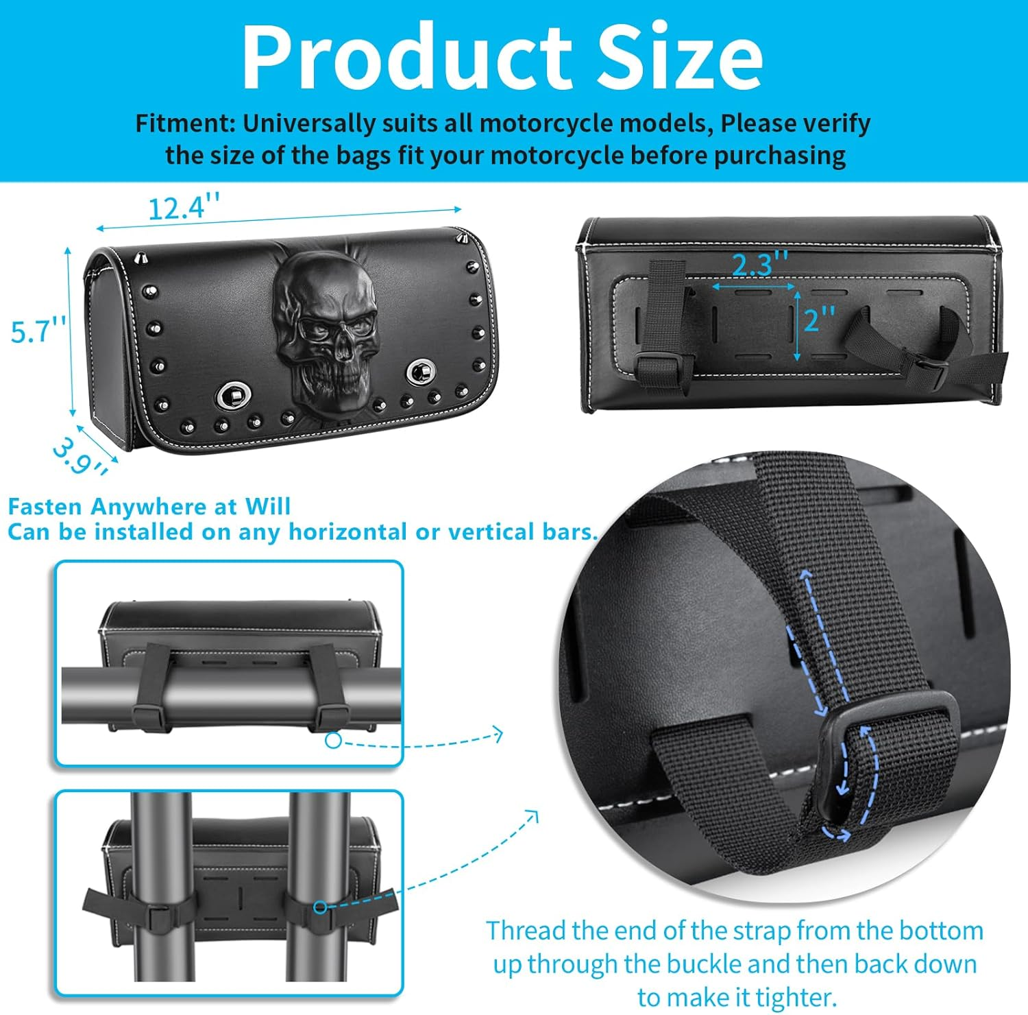 Universal Motorcycle 3D Skull Tool Saddlebags Front Fork Handlebar Bag PU Leather Sissybar Storage Pouch Compatible with Harley Dyna Scooter Softail Sportster Road King Kawasaki Suzuki