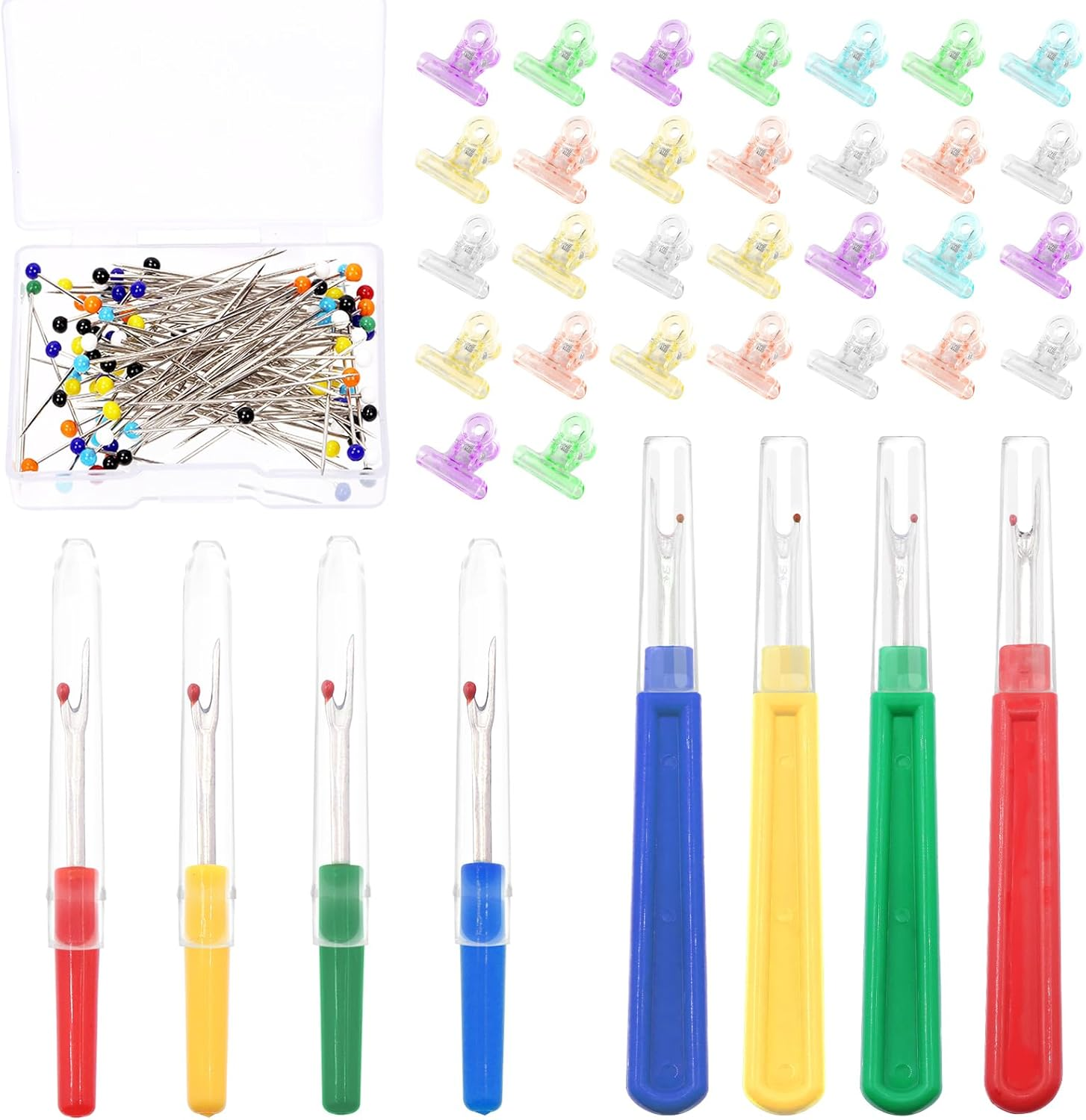 Swpeet 518Pcs Sewing Tools Kit, 10Pcs Professional Tailor'S Chalk, 1Pcs Sliding Gauge and 4Pcs Seam Ripper with 500Pcs Quilting Sewing Pins and 2Pcs Snip Scissor Assortment Kit, Thread Remover