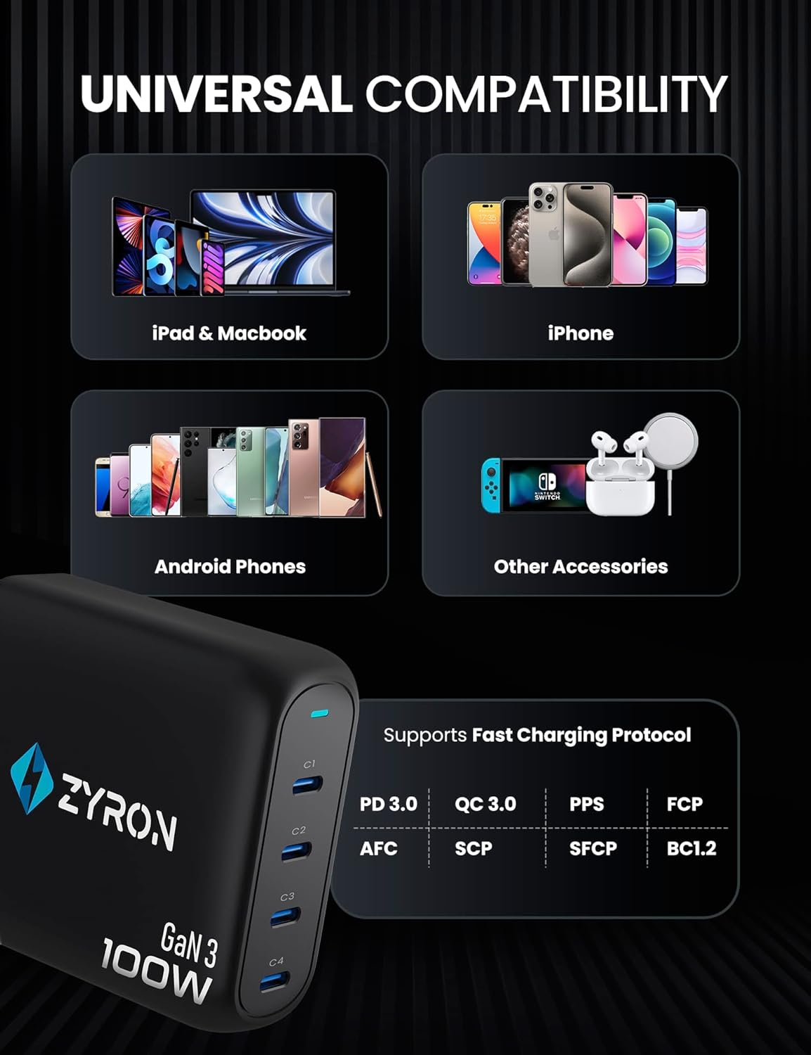 Zyron 100W USB C Charger, 4 Ports Multi USB-C Wall Plug with Power Cord, 100W/65W Gan 3 Fast Charger, PD 3.0 Travel Charger for Iphone 15, Macbook, S23 + Travel Adapters, 2M Cable & Travel Case