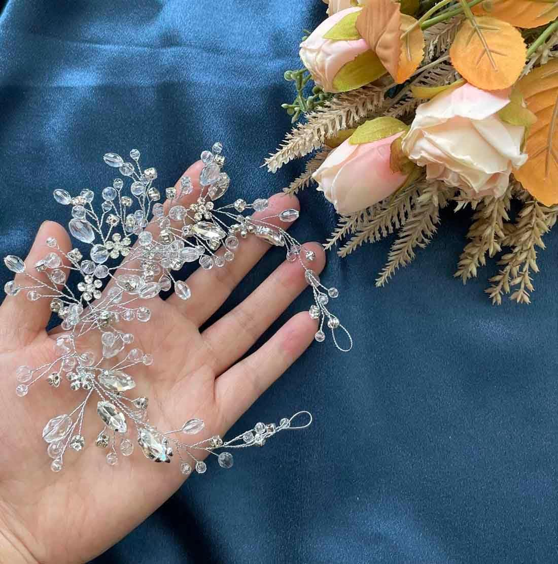 Resweky Bride Wedding Flower Hair Vine Silver Rhinestone Crystal Bridal Hair Pieces Beads Wedding Hair Band Accessories for Women Girls image number 6
