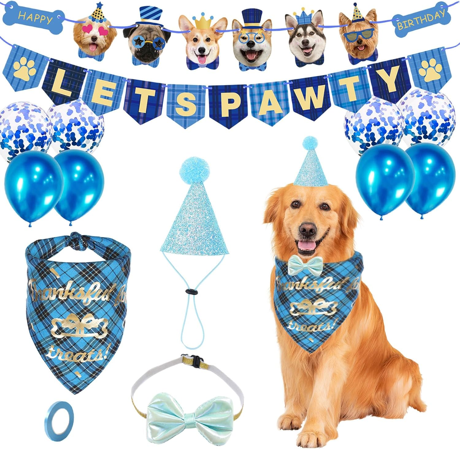Dog Birthday Party Supplies,Dog Birthday Hat and Bandana Blue with Dog Bow Tie and Balloons,Lets Pawty Happy Birthday Banner for Pet Puppy Cats Small Medium Dogs (Dog Birthday Decorations Blue)