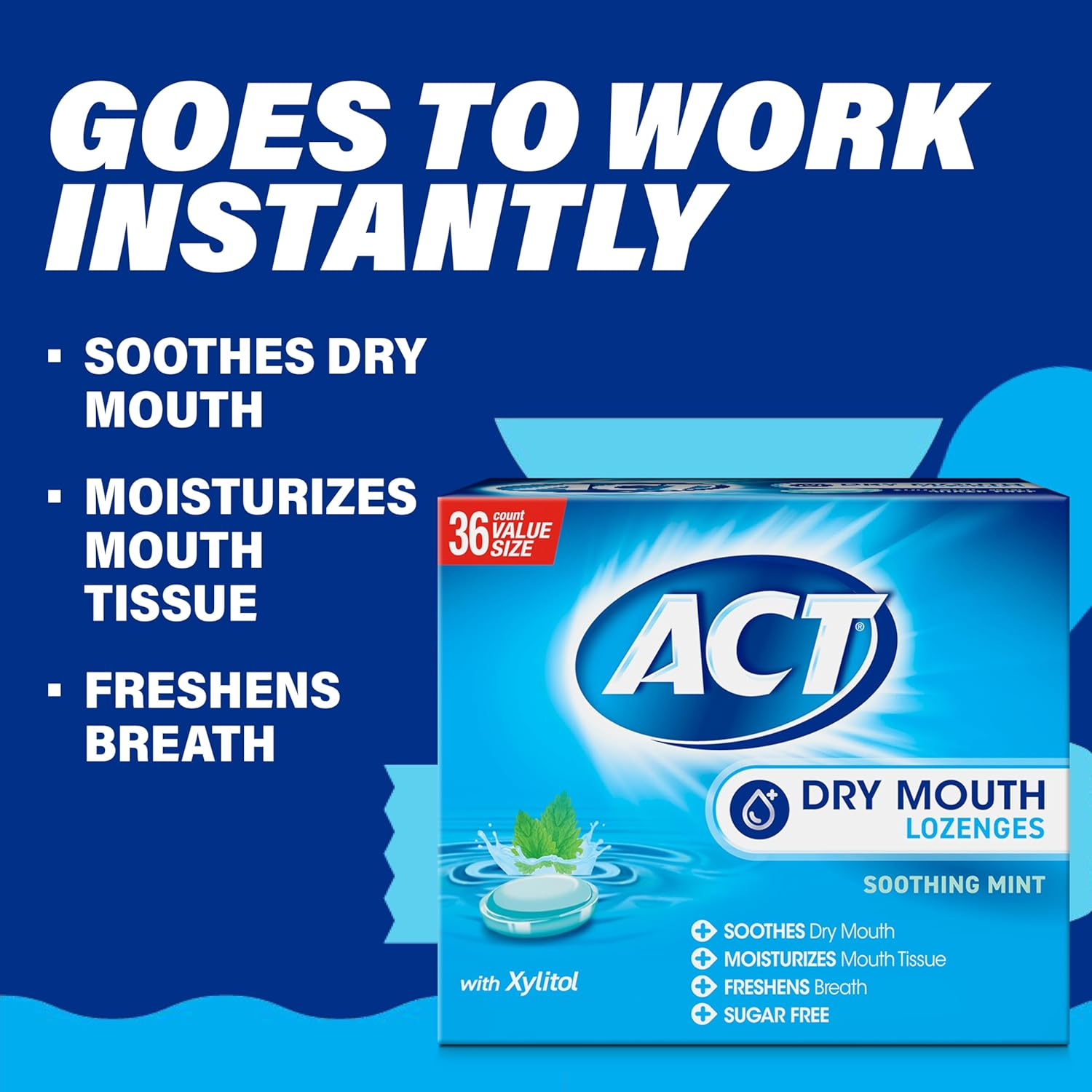 ACT Dry Mouth Lozenges Soothing Mint 36 Count Soothing Mint Flavored Lozenges with Xylitol Help Moisturize Mouth Tissue to Sooth and Relieve Discomfort from Dry Mouth, Freshens Breath