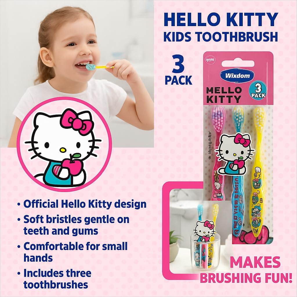 Wisdom Hello Kitty Kids Toothbrush &ndash; Official Licensed Character Design, Soft Bristles for Toddlers, Boys & Girls, Gentle Manual Toothbrush for Children&rsquo;S Dental Care, 3 Pack image number 5