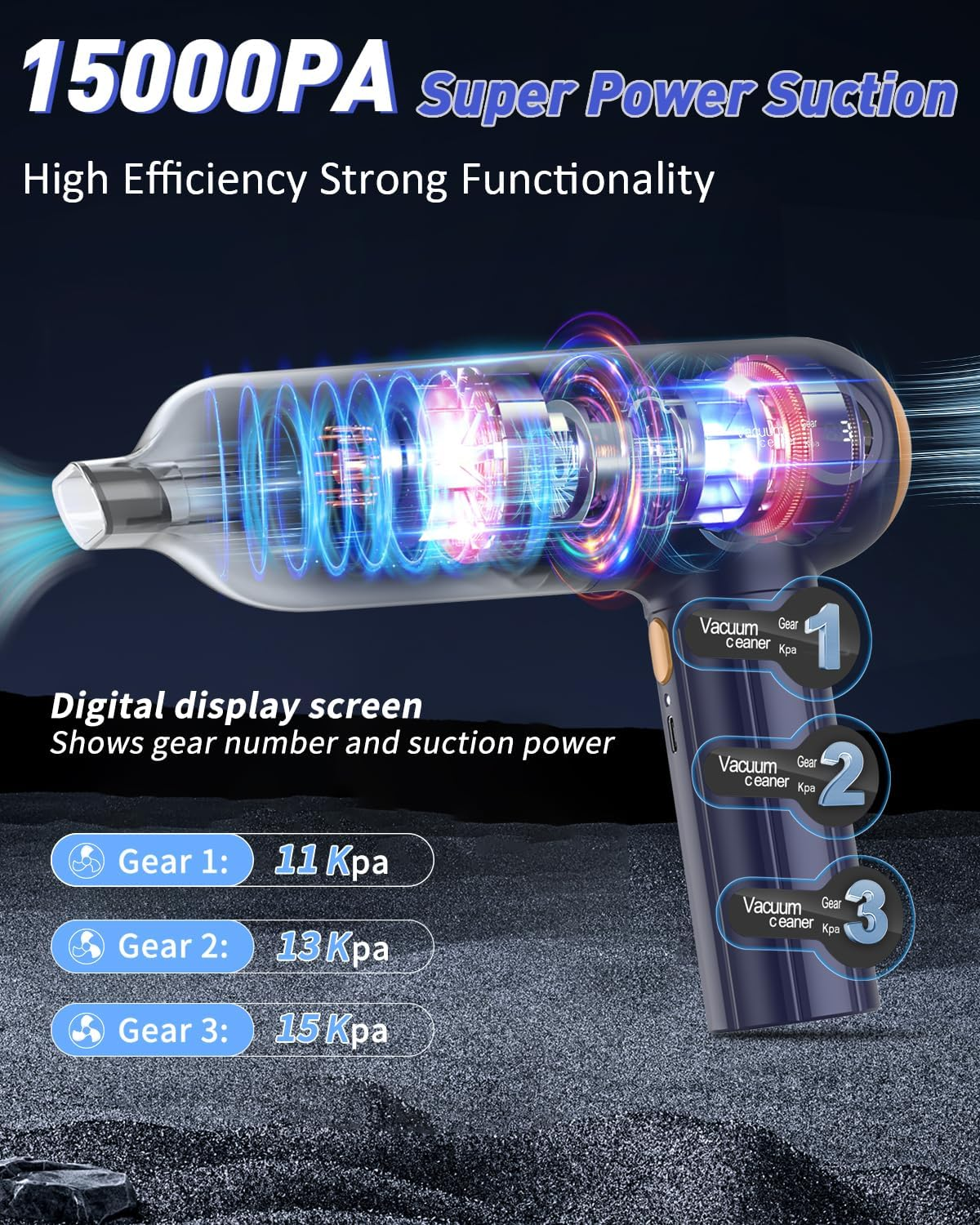 Musclez Car Vacuum Cleaner, 15000PA Mini Portable Handheld Car Vacuum Rechargeable Dust Buster, Wireless Air Blower, LED Display Powerful Cordless Vacuum Cleaner for Home Pet Hair Office(Blue Gray) image number 3