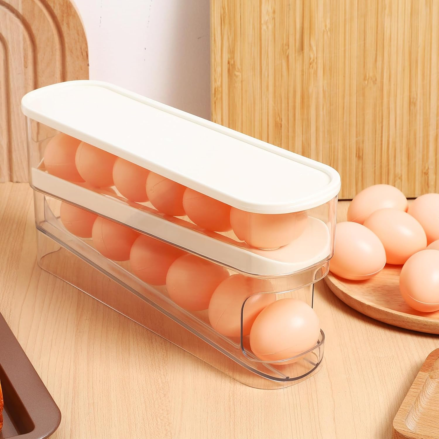 GAROZATION Egg Container Roller Dispenser with Lid Double Deck Refrigerator Door Shelf Storage Kitchen Egg Organizer Box for Home Food Storage image number 6