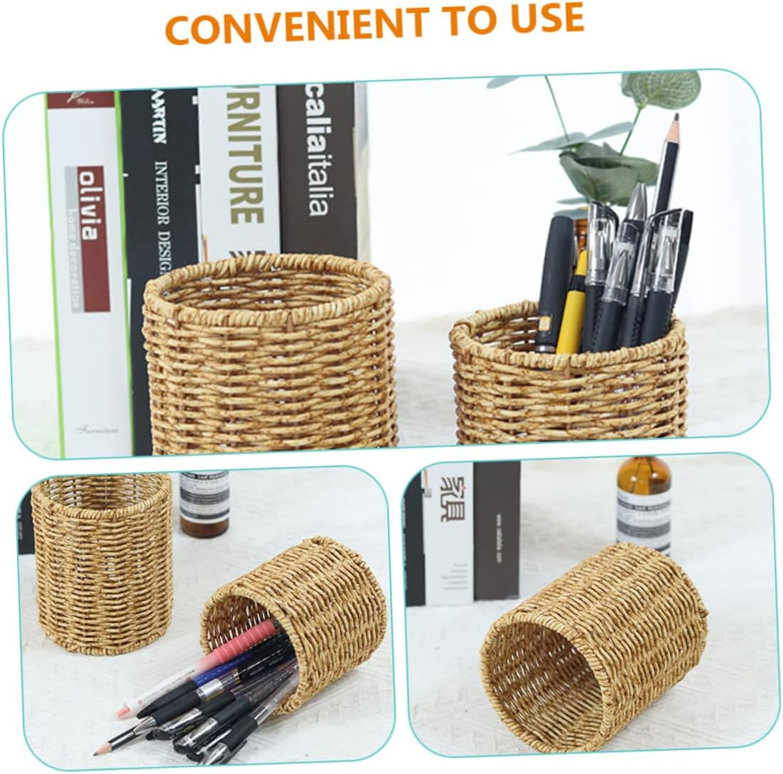 STOBOK 3Pcs round Pen Pot Imitation Rattan Pencil Holder for Desk Stylish Gel Pen Container Cute Pencil Pot for Home Office Use image number 2