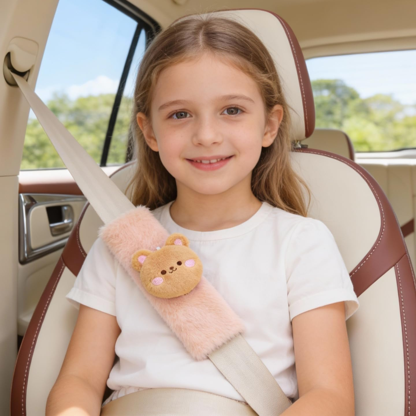 2 PCS Seat Belt Cover Pad, Cute Kawaii Cartoon Seatbelt Covers for Kids and Women, Winter Plush Fluffy Soft Seat Belt Cover, Bunny Dog Bear Seatbelt Cushion,Car Seat Strap Pads (F-Bear) image number 5