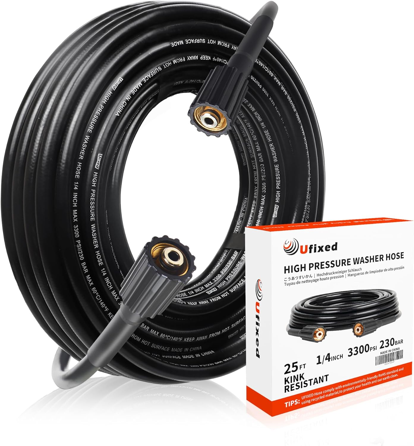 1/4" Pressure Washer Hose 25FT M22-14,3600Psi,Quick Connect,360&deg; Swivel,Kink-Resistant,Suit for Main Pressure Washer,Black