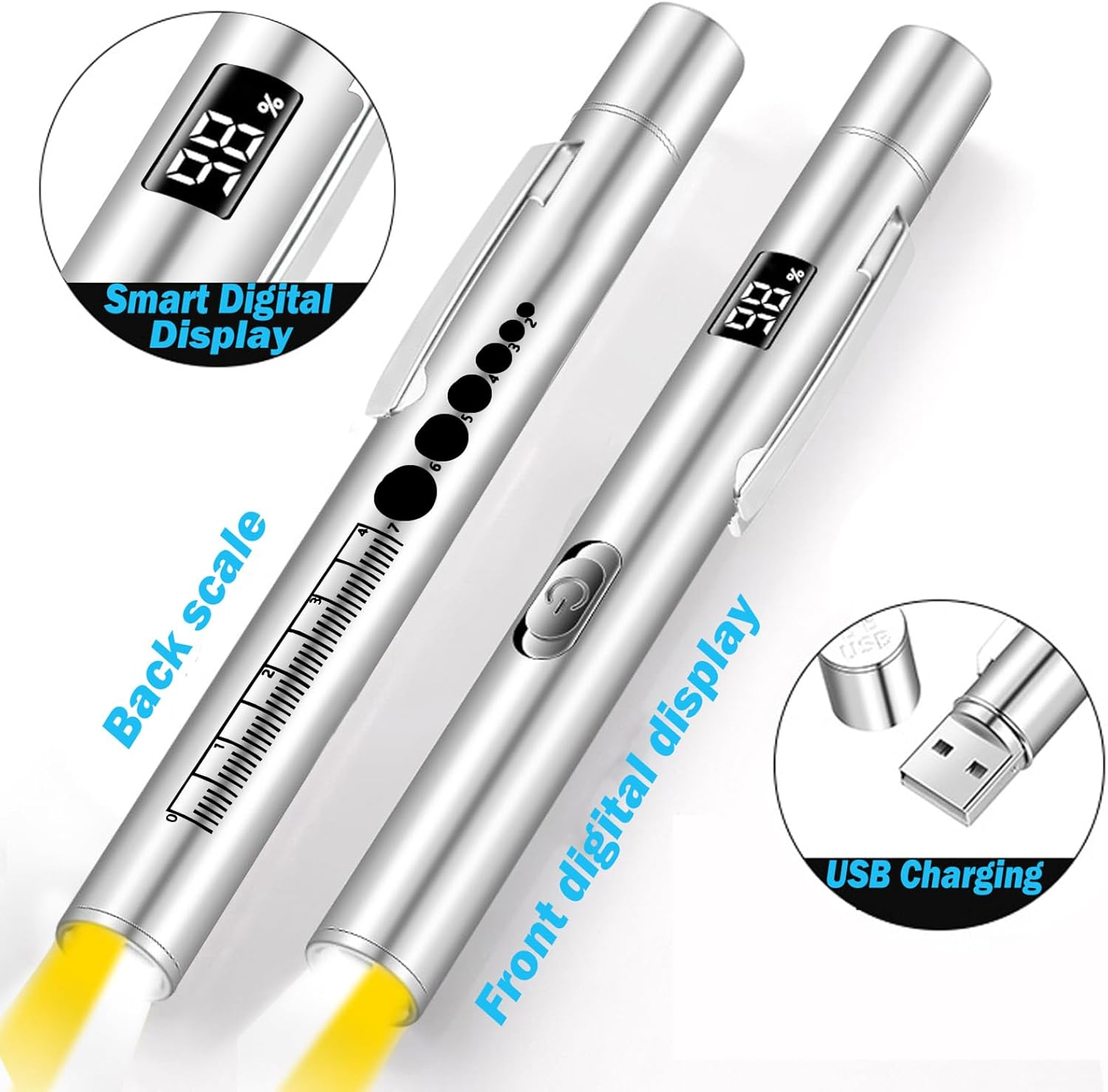 YUENTOEN 2Pcs LED Torch, Pen Light, USB Rechargeable LED Pocket Pen Light Flashlight for Home and Outdoor Activities (Silver+Black) ﻿