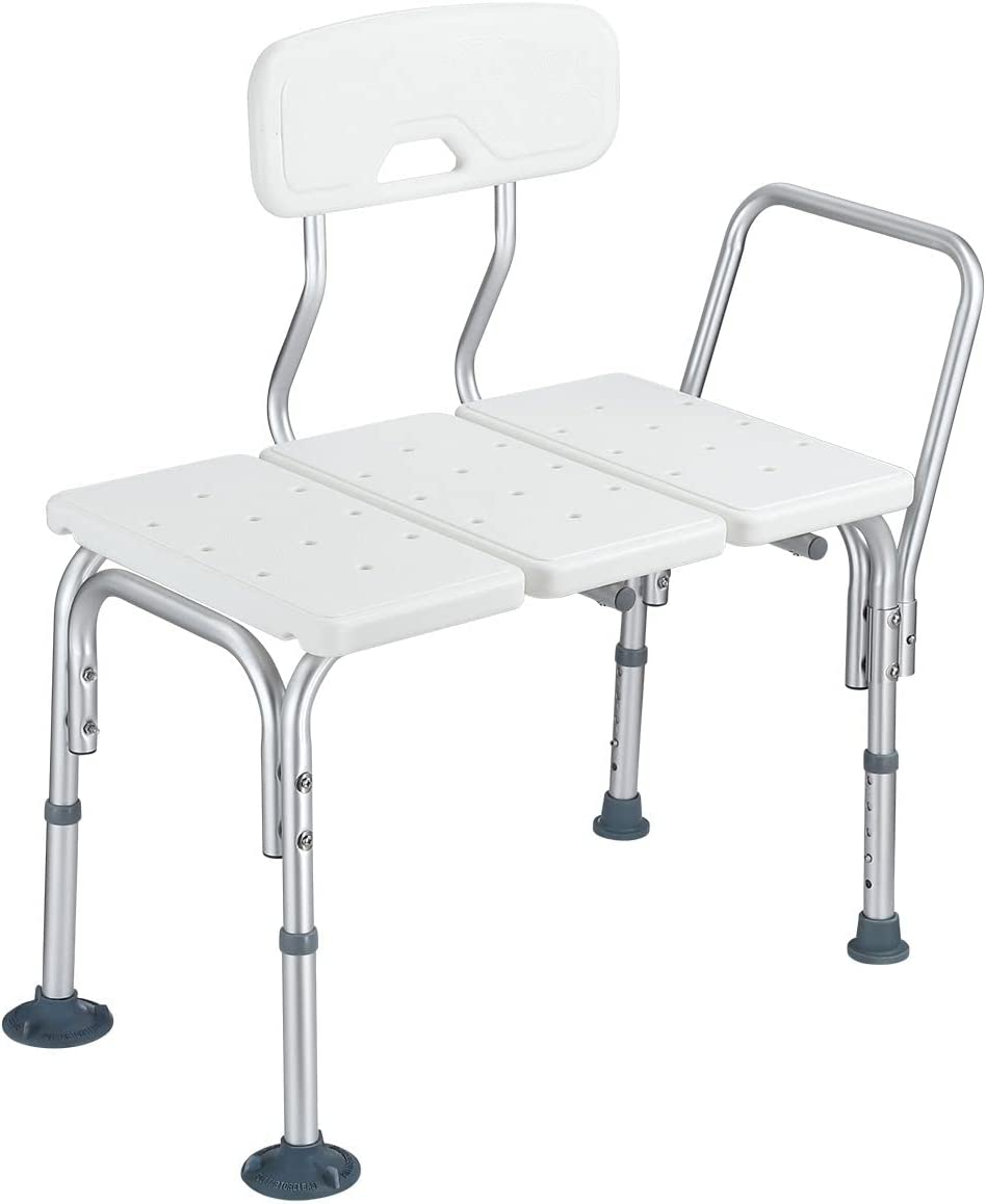 Tub Transfer Bench Height Adjustable Bathtub Shower Stool with Armrest and Back Bath Seat with Slip-Resistant Feet Bathroom White