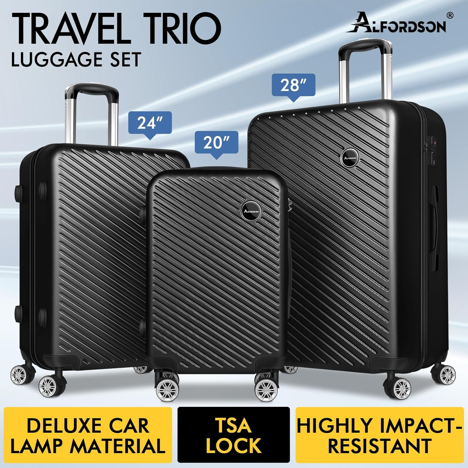 ALFORDSON 3Pcs Hardside Luggage Set 20" 24" and 28" Black Color Timothy Series, Hardshell Suitcases Setting with TSA Lock & Wheel Spinners, Carry-On & Checked Baggages 3-Piece Pack image number 6