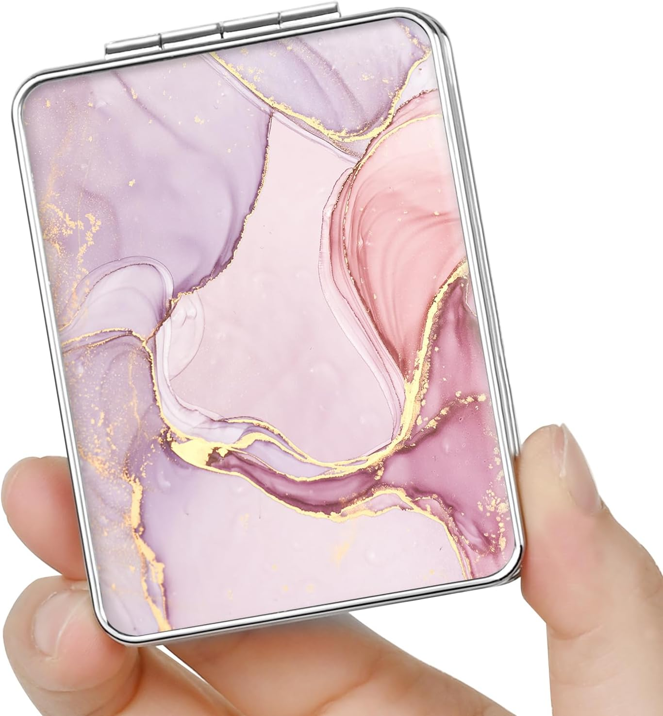 Dcdcee Pocket Mirror, Small Travel Mirror with Magnification, Portable Double-Sided Magnifying Cosmetic Mirror for Daily (Pink Marble) - 2 Flowers image number 4