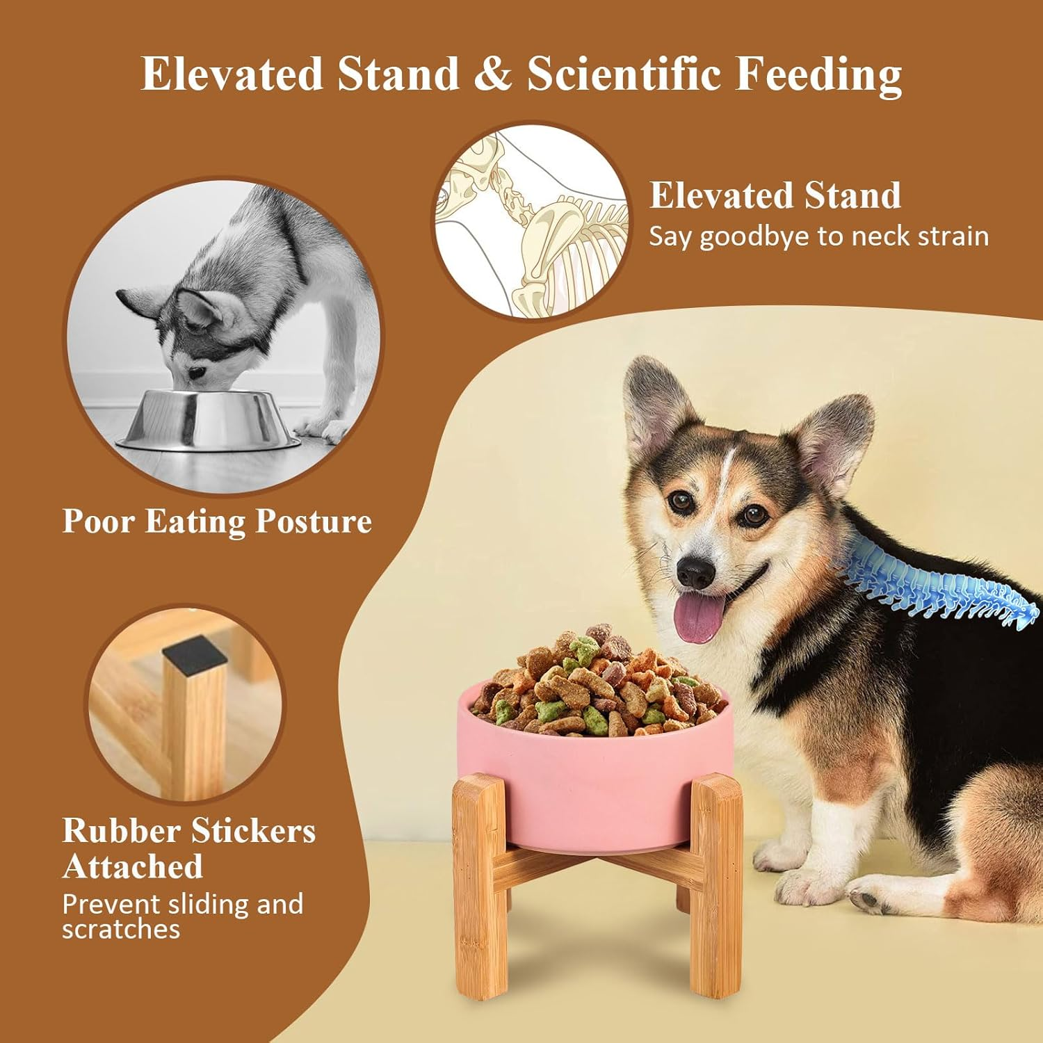 White Ceramic Elevated Raised Dog Bowls - Dog Food Dish with Stand - Double Raised Dog Food and Water Bowls anti Vomiting - Pet Bowl with anti Slip Rubber Pad - Stress Free for Medium Dogs -Set of 2 image number 6