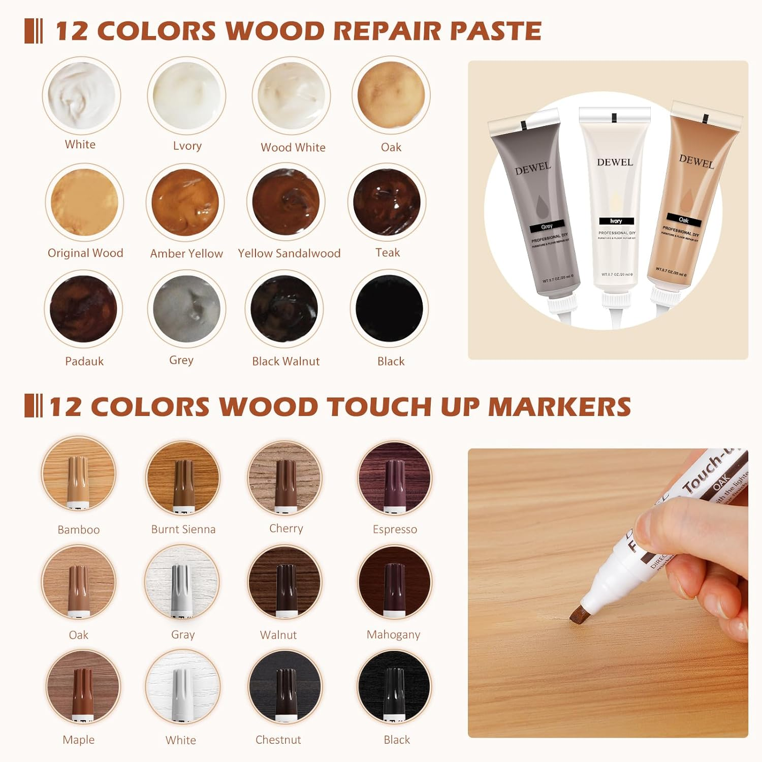 DEWEL Wood Furniture Repair Kit- 34 Sets, Wood Filler Sticks*12, Touch up Markers*12 with Wood Putty*1 for Repair and Cover Ups Scratch, Cracks, Hole, Discoloration for Door, Floor, Table image number 1