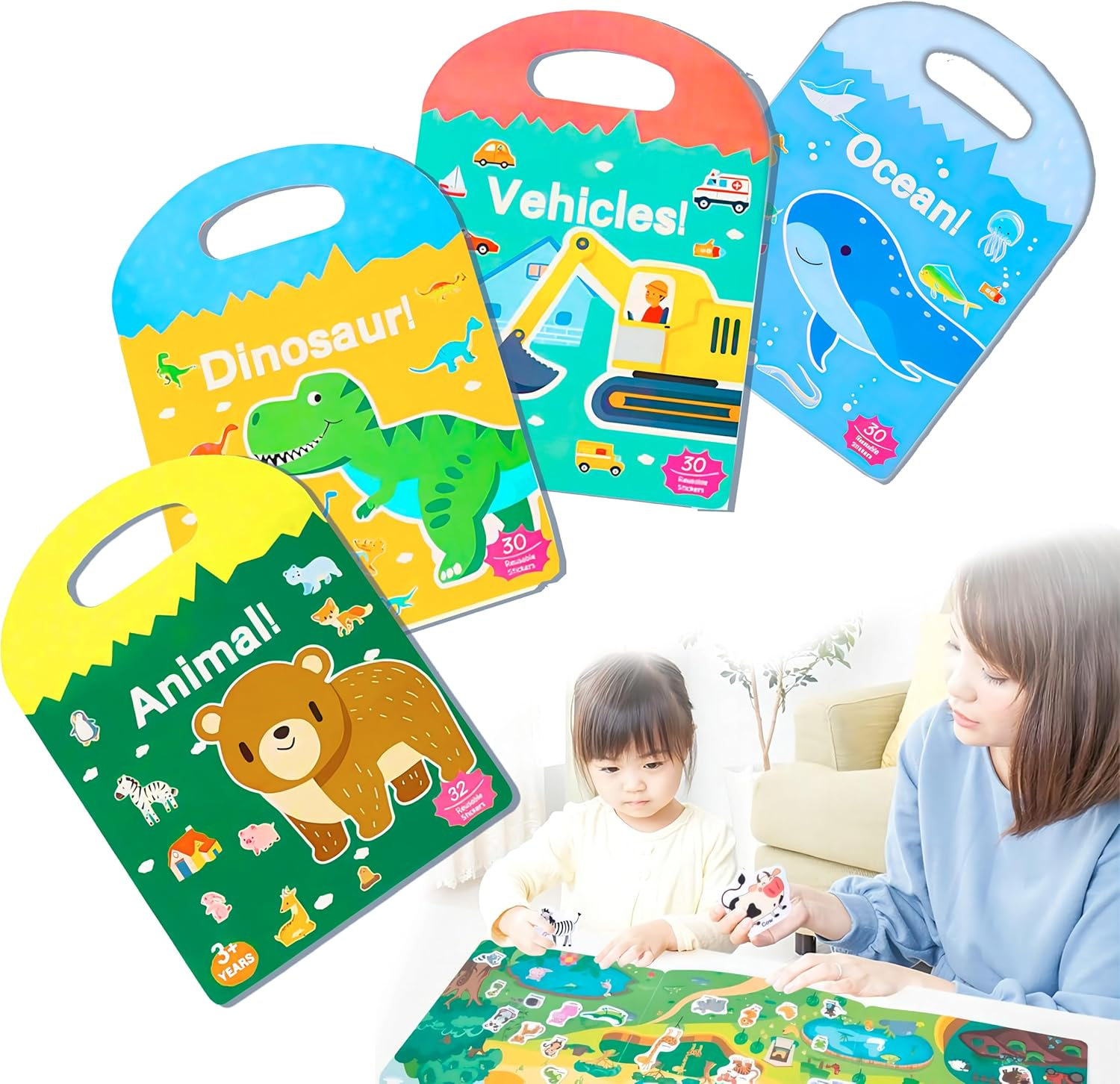 4 Pack Reusable Puffy Sticker Book for Kids 2-4, Reusable Stickers Books for Toddlers 1-3 Boys Girls, 4 Themes Animal Vechicles Dinosaurs Ocean Education Learning Toys for Christmas Birthday Gift image number 3