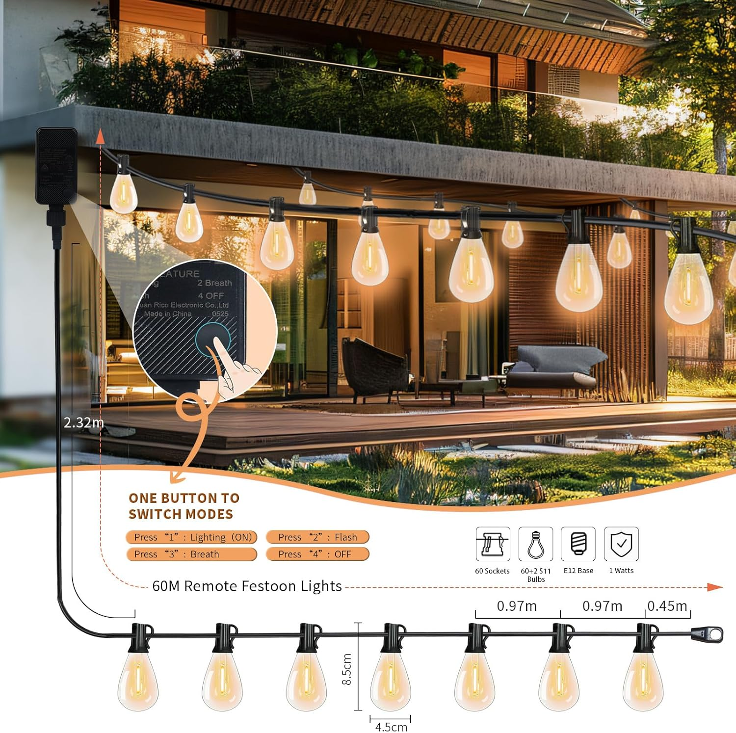Tenmiro Festoon Lights Outdoor with Remote,Dimmable,Timing, 60M Ultra Long Waterproof&Shatterproof Outdoor String Lights 60+2 S11 LED Bulbs,3 Light Modes 2700K Fairy Light for Party,Christmas,Backyard image number 5