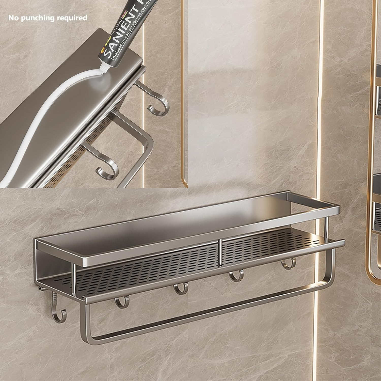 ZOOMTEC Large Shower Caddy with 5 Hooks and Removable Towel Bar, W50&times;D12Cm Rustproof Shower Organizer, Wall-Mounted No Drilling Bathroom Caddy for Balcony (Black) - Grey image number 2