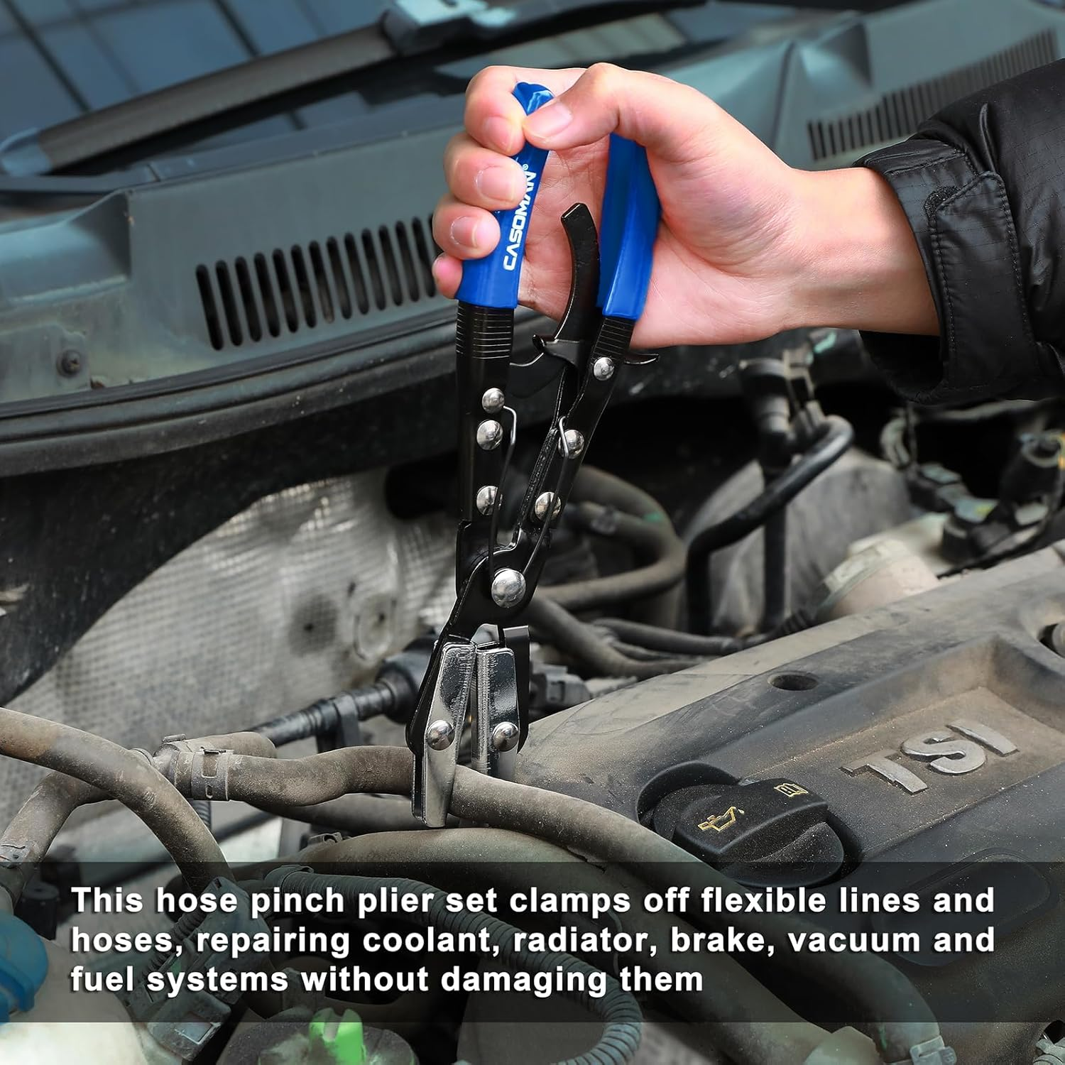 CASOMAN 3PC Blue Hose Pincher Pliers Set, Locking Ratcheting Hose Pinch off Pliers for Automotive, Radiator, Fuel, Coolant Lines image number 1