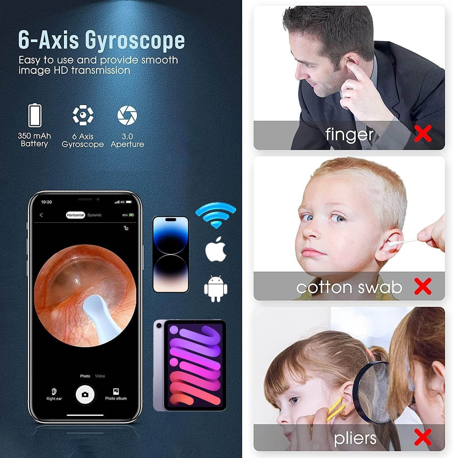 Ear Wax Removal, Wireless Otoscope with 6 LED Lights, 2K HD Camera Ear Wax Remover Cleaning Set &ndash; Compatible with Iphone and Android Devices &ndash; Adults, Kids and Pets (Y9) image number 5