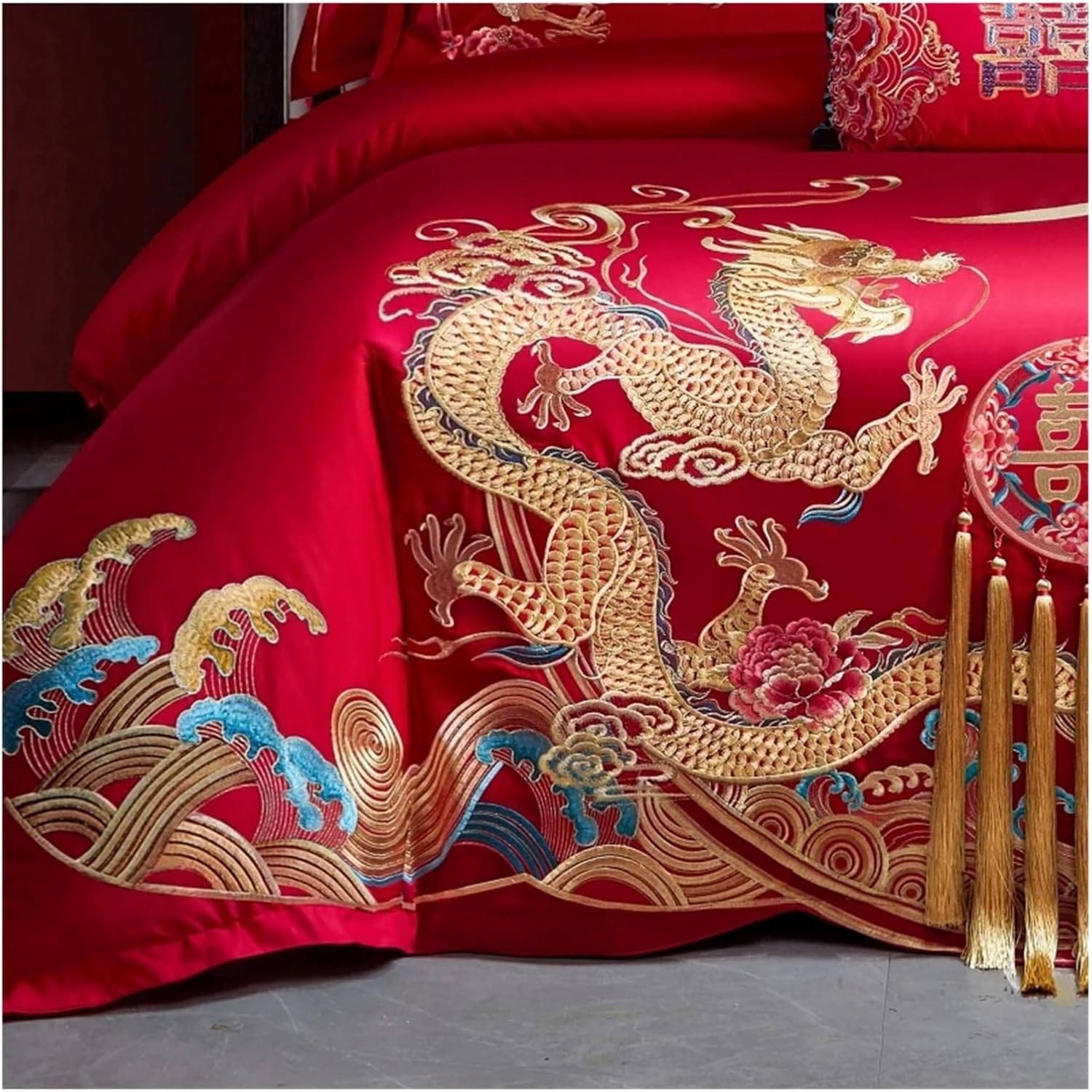 Chinese Wedding Luxury Bedding Set Gold Tassels Loong Phoenix Embroidery Red Duvet Cover Bed Sheet Pillowcases Home Textile,Bedding(Phoenix Dancing,Queen Size 8Pcs) image number 6