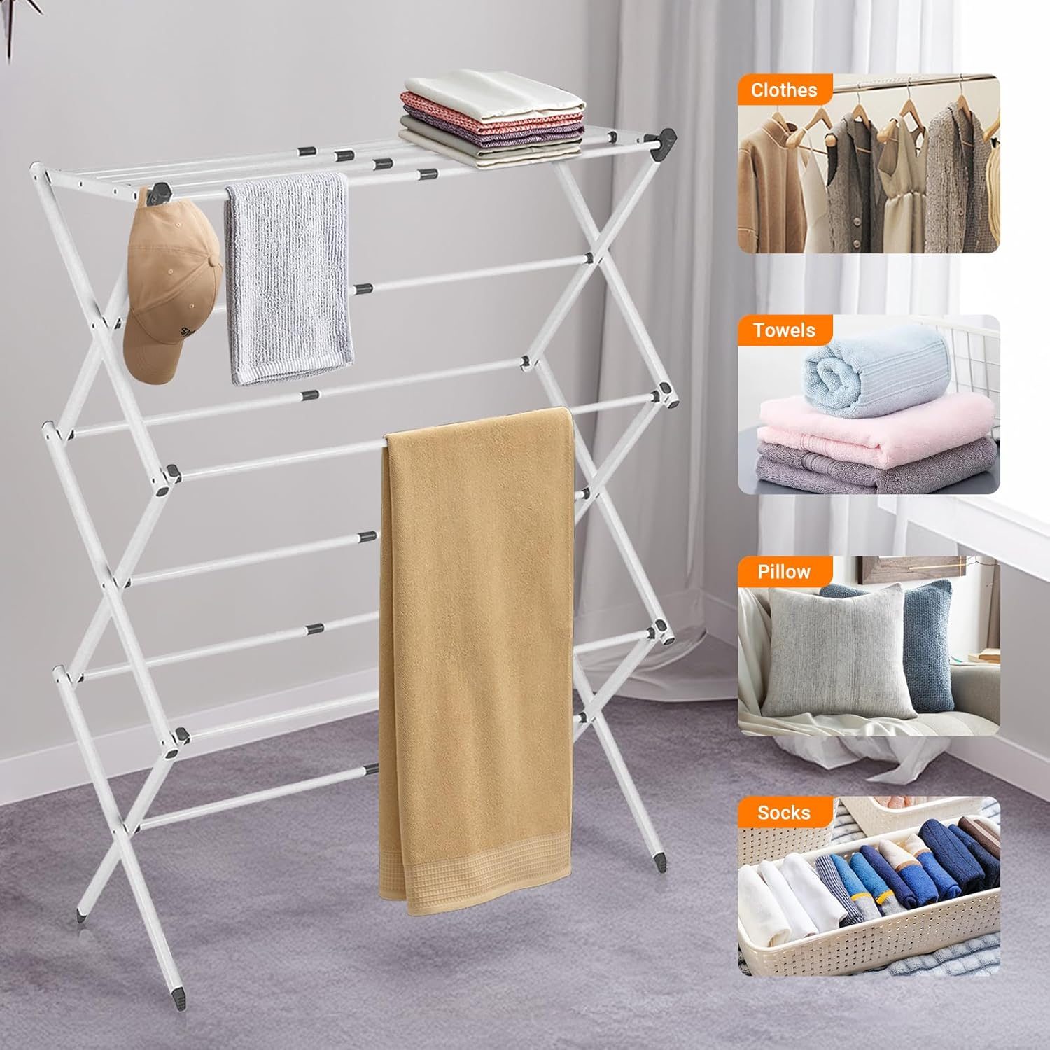 LIWEGHT 3-Tiers Clothes Drying Rack, Foldable Laundry Rack, Retractable for Easy Storage, Folding Indoor and Outdoor Rack, Space-Saving, Adjustable Towel Rack, Expandable Collapsing Rack, White image number 5