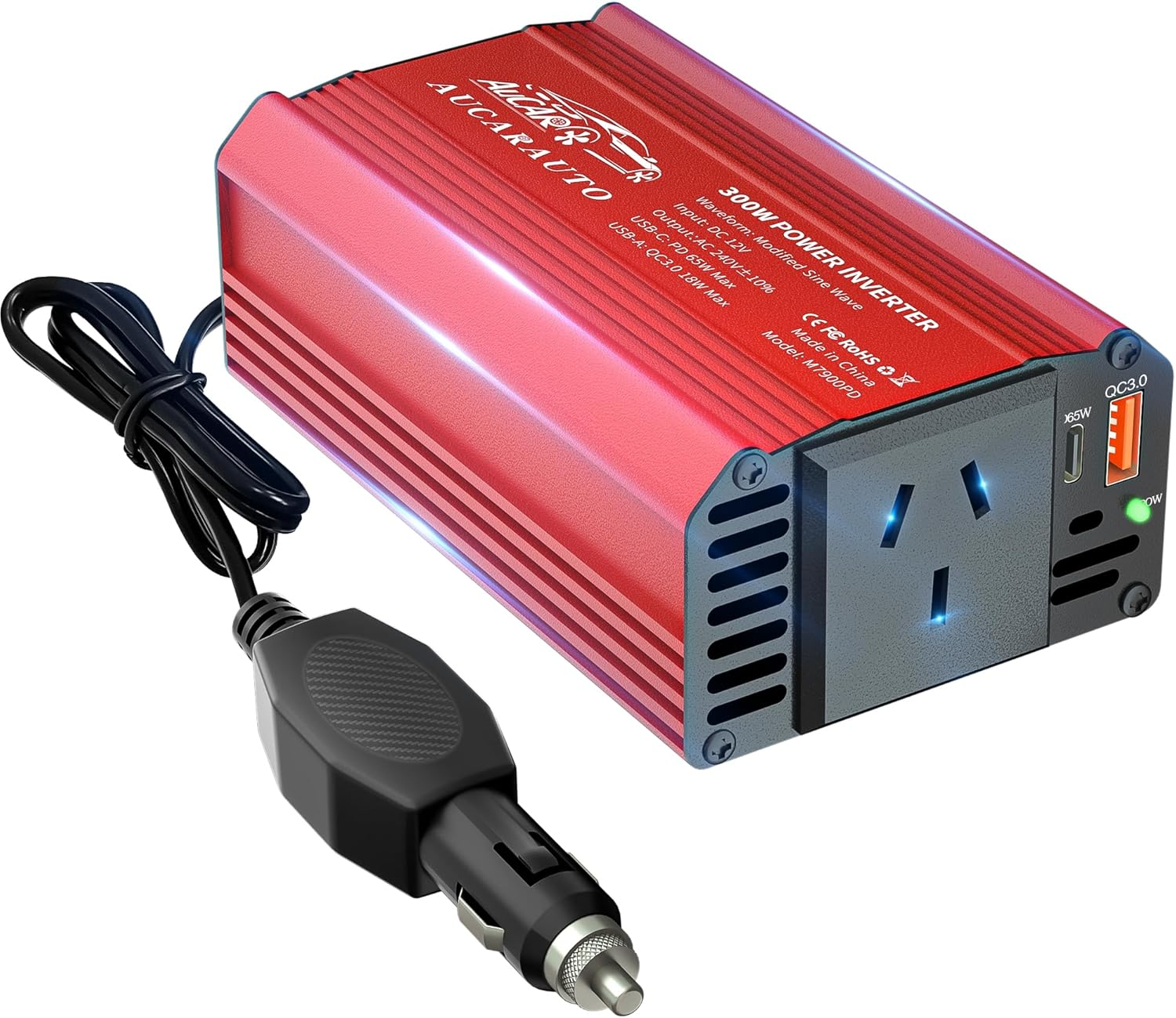 AUCARAUTO 300W Car Power Inverter 12V to 240V Converter, Car Plug Adapter with [65W USB-C] / [18W USB-A] / AC Socket, Car Charger for Vehicles, Aluminium Body - Red