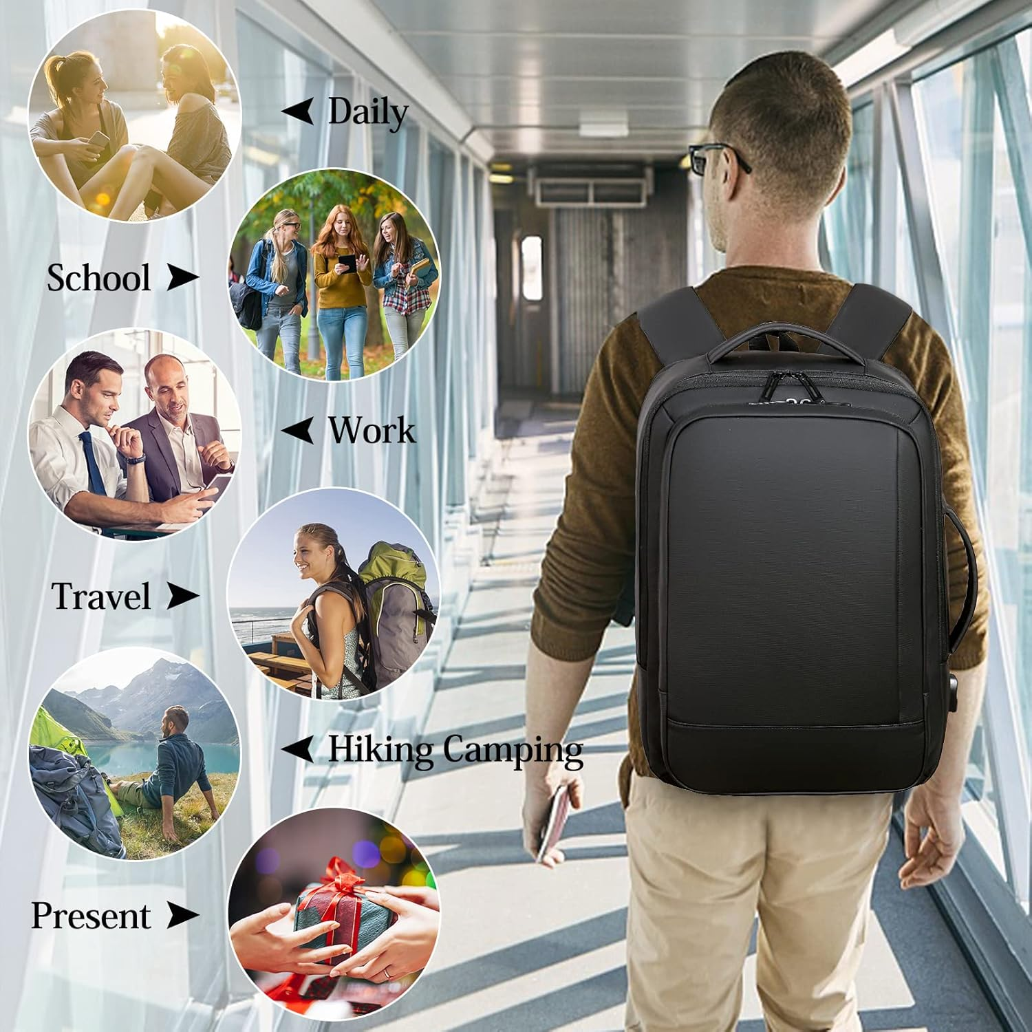 Travel Laptop Backpack 15.6 Inch Expandable Large Backpacks for Men Women Waterproof Business College Computer Bag with USB Charging Port,Black image number 6