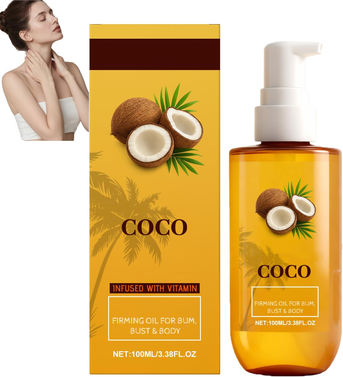 Coconut Firming Body Oil with Vitamin E, Hydrating Body Moisturiser, Deeply Nourishing for Dry Skin, Firming & Toning, Fast Absorbing Non-Greasy, Improves Skin Texture, Even Tone (2Pcs)