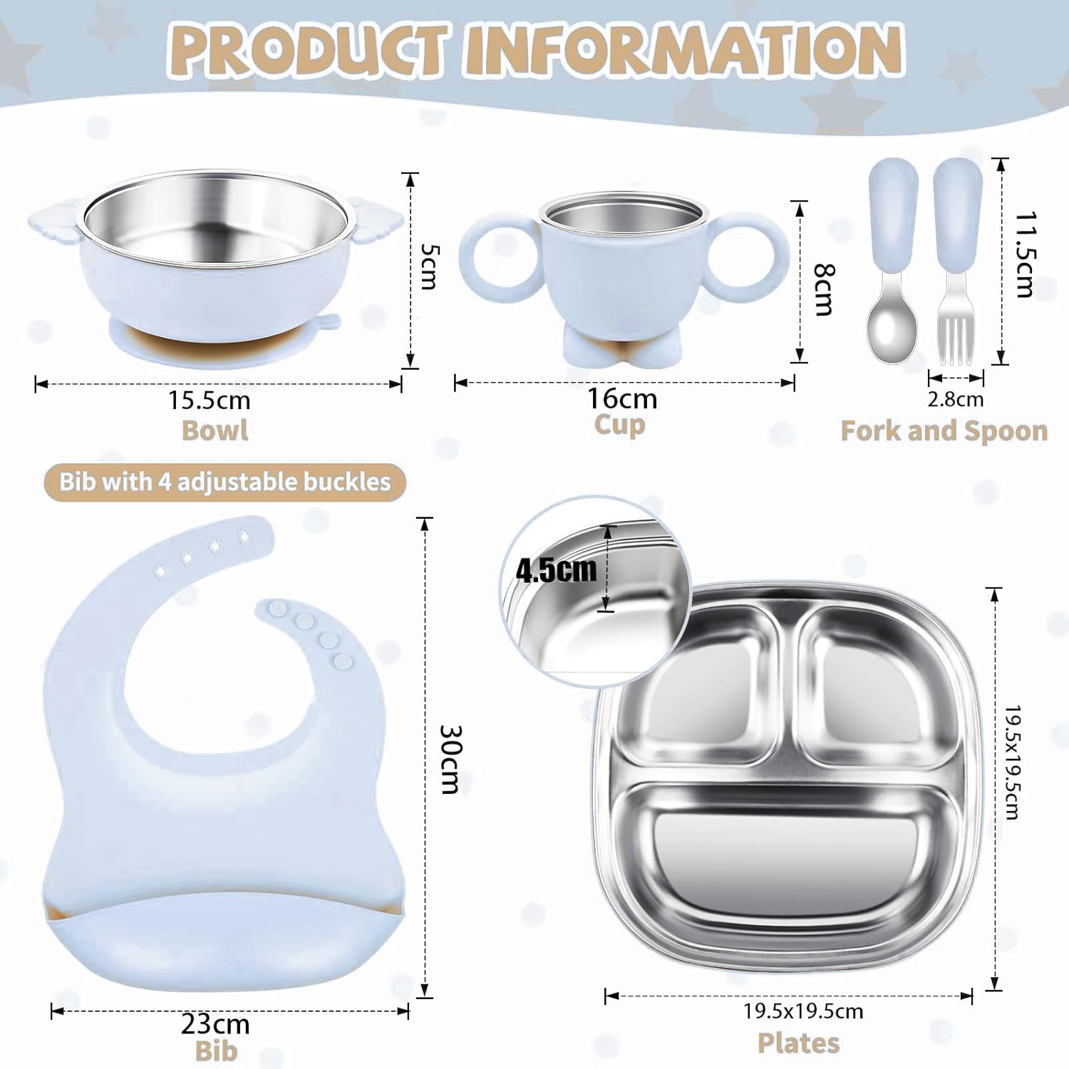 6-In-1 Blue Stainless Steel Kids Plates and Bowls, Contain Deep-Divide Toddler Plates, Bowls, Cup, Utensils & Bib &ndash; Bpa-Free 304 Steel + Silicone Suction &ndash; Dishwasher Safe image number 6