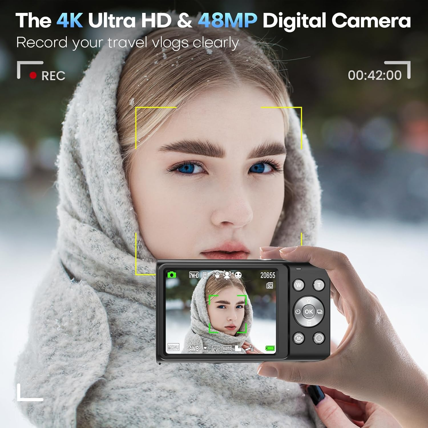 Digital Camera, Autofocus Compact Camera HD 4K 48MP with 2.8" Large Screen, 16X Digital Zoom, Portable Mini Camera for Kids,Adult,Beginners (Black)