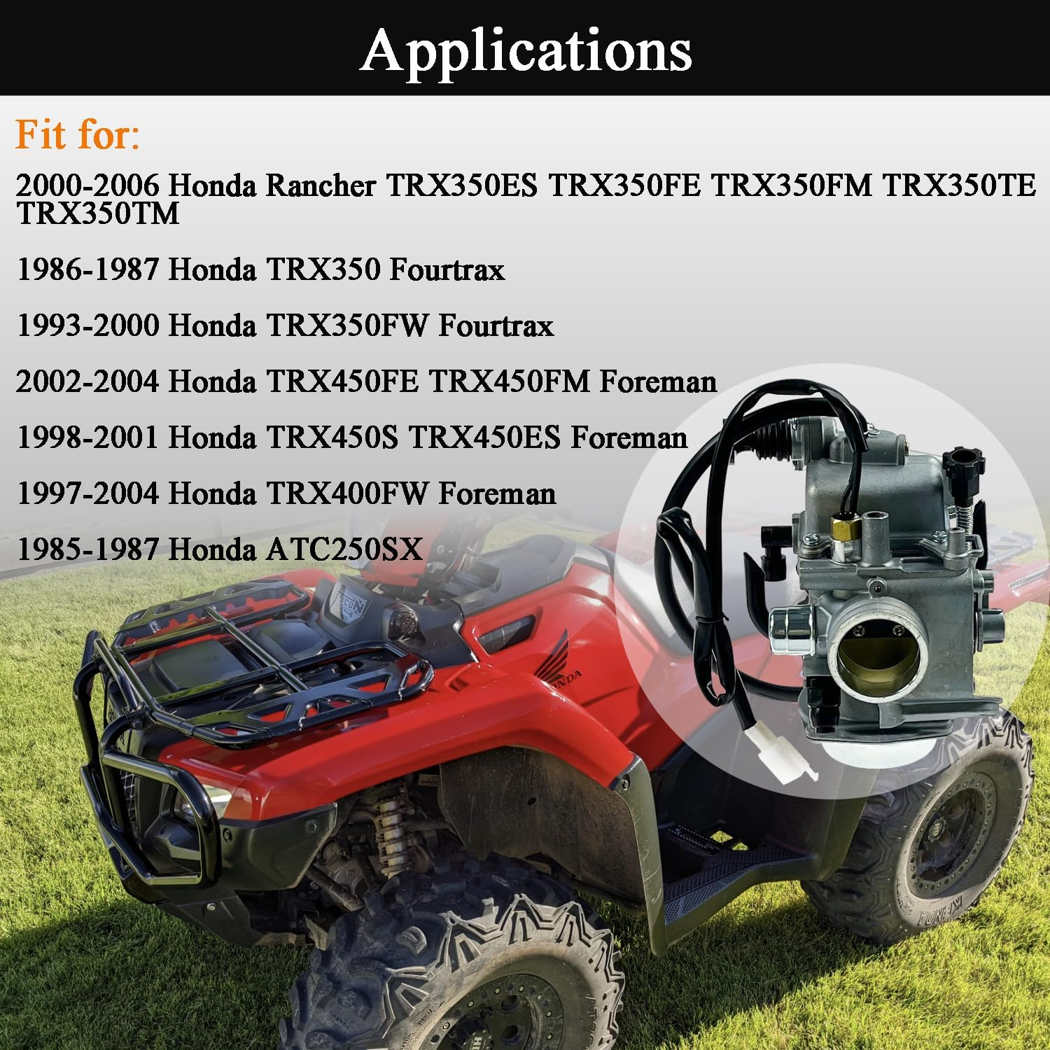 TRX350 Carburetor Kit Fits for Honda Rancher 350 2000-2006 TRX350TM TRX350TE TRX350ES TRX350FE TRX350FM Fourtrax 300 TRX450 Foreman 4 Stroke ATV with Oil Air Filter Choke Cable (Male Plug)
