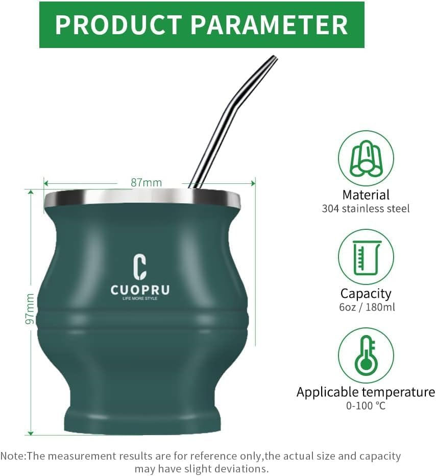 Cuopru Yerba Mate Cup Bombilla - Mate Gourd Set Includes Double Walled Stainless Steel Tea Cup, Tea Shaper Set, Bombilla Straws, Cleaning Brush