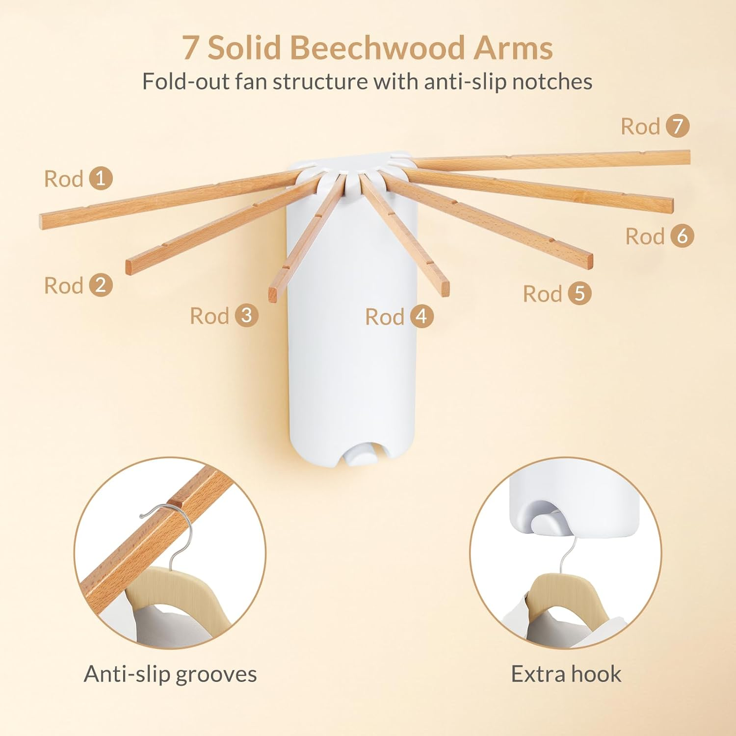 Todeco Wall Mounted Drying Rack with 7 Beech Wood Rod, Collapsible Clothes Drying Rack with Extra Botton Hook, Laundry Drying Rack for Bathrrom Balcony Laundry Room image number 5