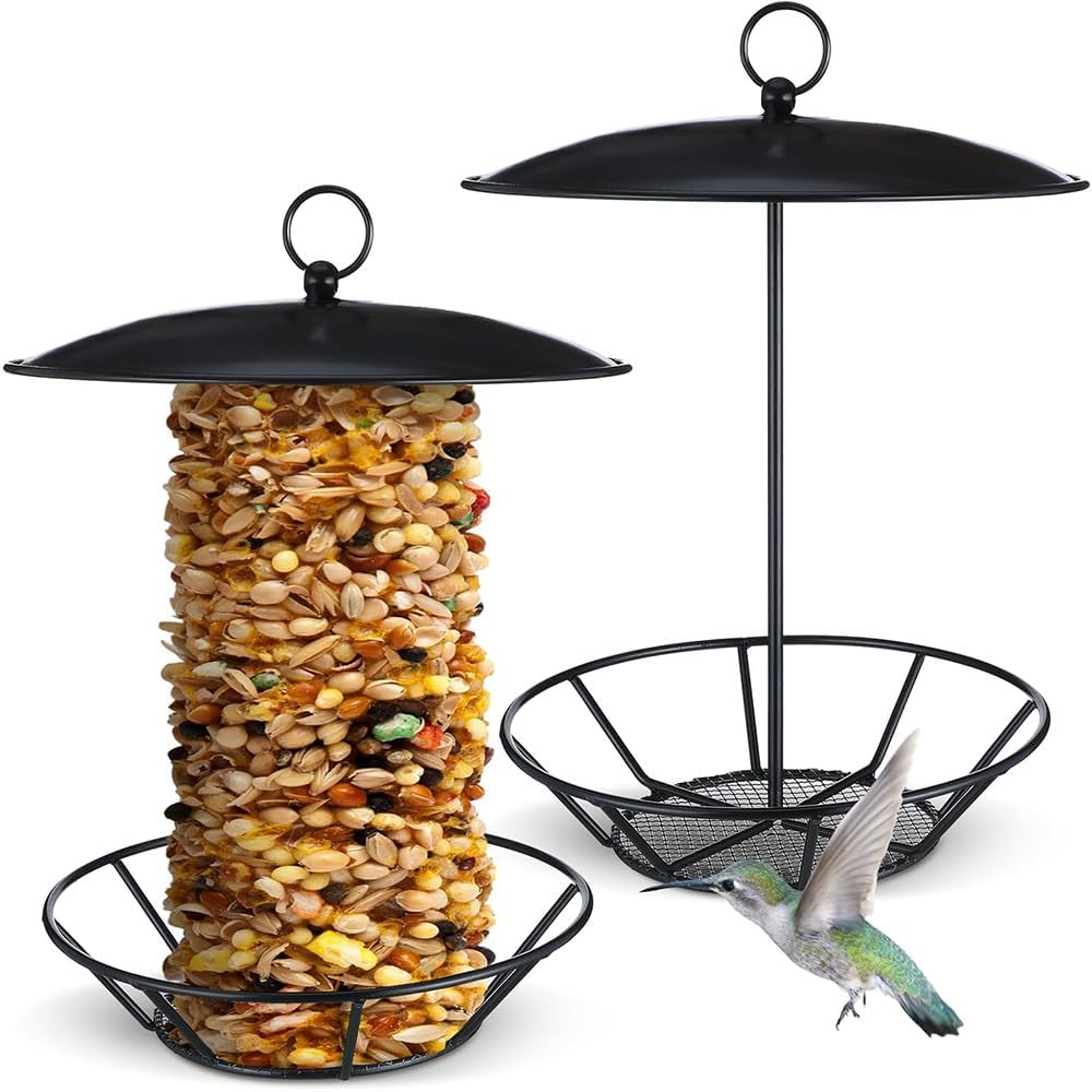 GUDAJIN Outdoor Metal Cylindrical Net Bird Feeder with Metal Dome Cover Wildlife Feeder, Suitable for Multiple Seeds, Suitable for Multiple Birds, Matte Black Bird Feeder image number 3