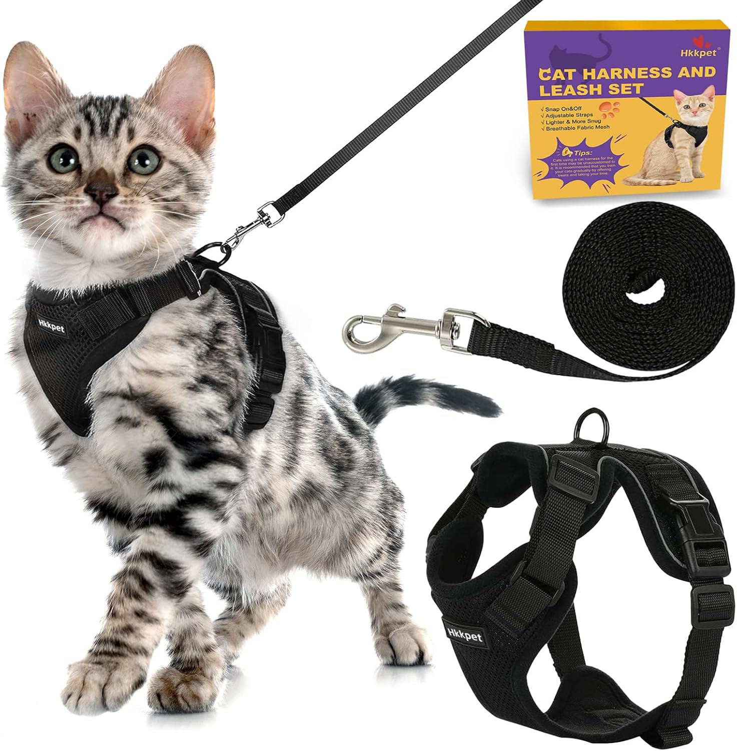 Adjustable Cat Harness and Leash Set for Outdoor Walking, Escape Proof Safe Cat Vest Harness,Soft Breathable Mesh Cat Harness with Reflective Strips,Black (S) image number 2