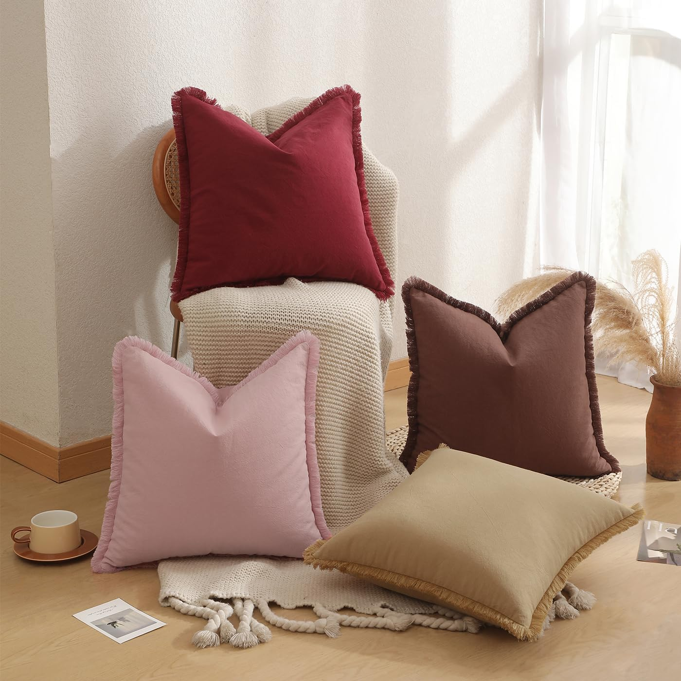 Set of 2 Decorative Linen Fringed Throw Pillow Cover, Cozy Boho Cushion Covers with Tassel Soft Washed Cotton Pillowcase Cushion for Couch Sofa Farmhouse Living Room Bed Natural Home Decor 18X18 Inch