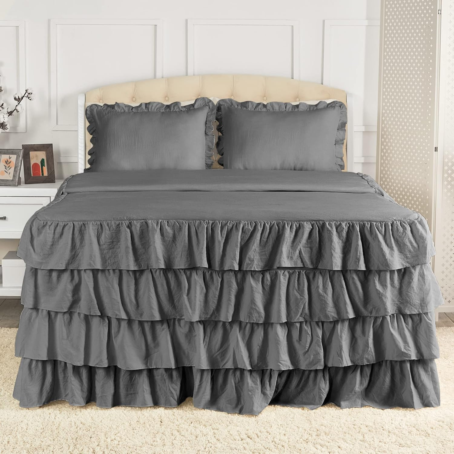 Mellanni Multi-Ruffled King Comforter Set - 3-Pieces: 1 Bedspread & 2 Shams - Shabby Chic Bedding Set - 30" Deep Bedskirt for Total Coverage - Durable and Comfortable Chic Bedspreads (King, Gray)