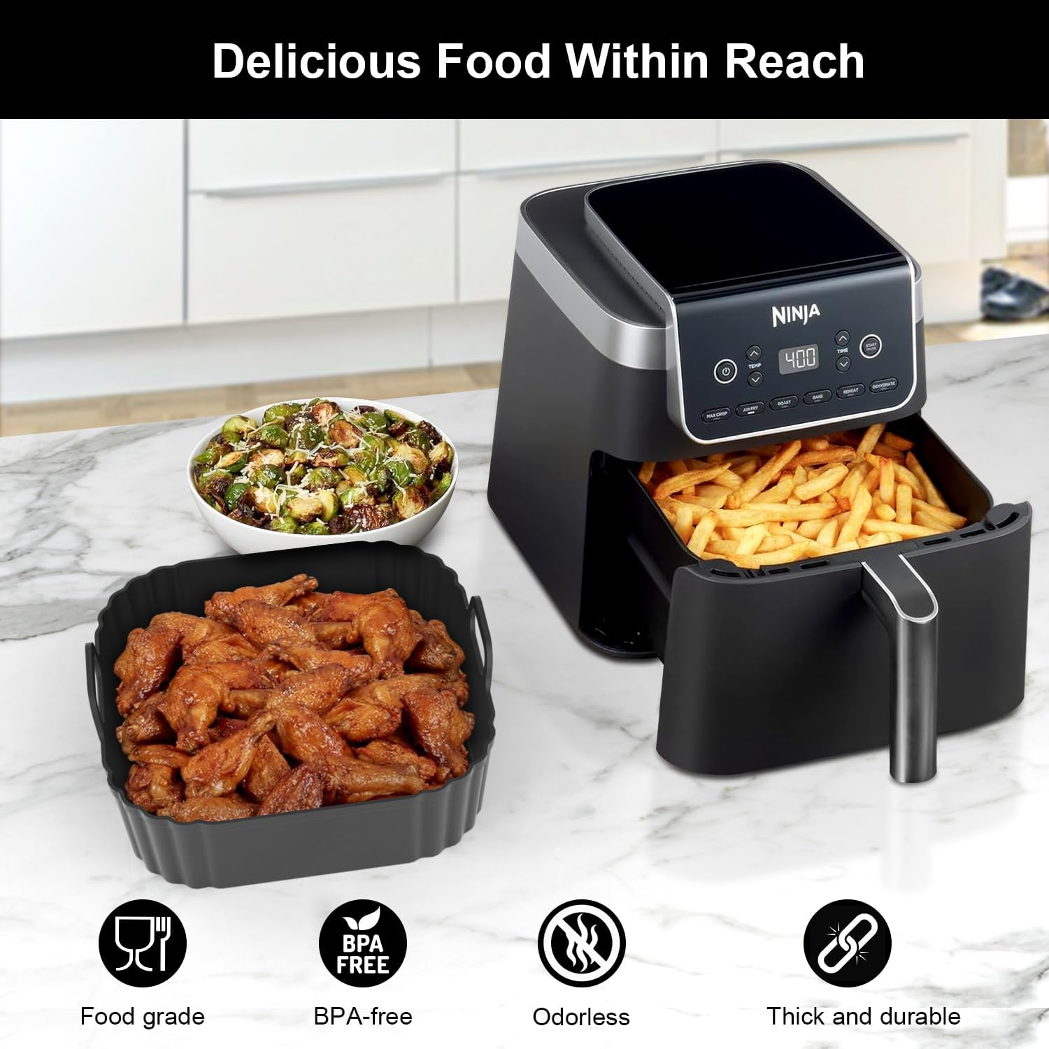 8.5 Inch Square Silicone Air Fryer Liners 2 Pack for Instant Pot Vortex Plus, Healthy Choice, Ninja AF181 Pro XL, Philips 2000 Series NA230/00, HD9270/21 for 4.7L 5.7L 6.2L 6.5L Reusable Basket Trays image number 5