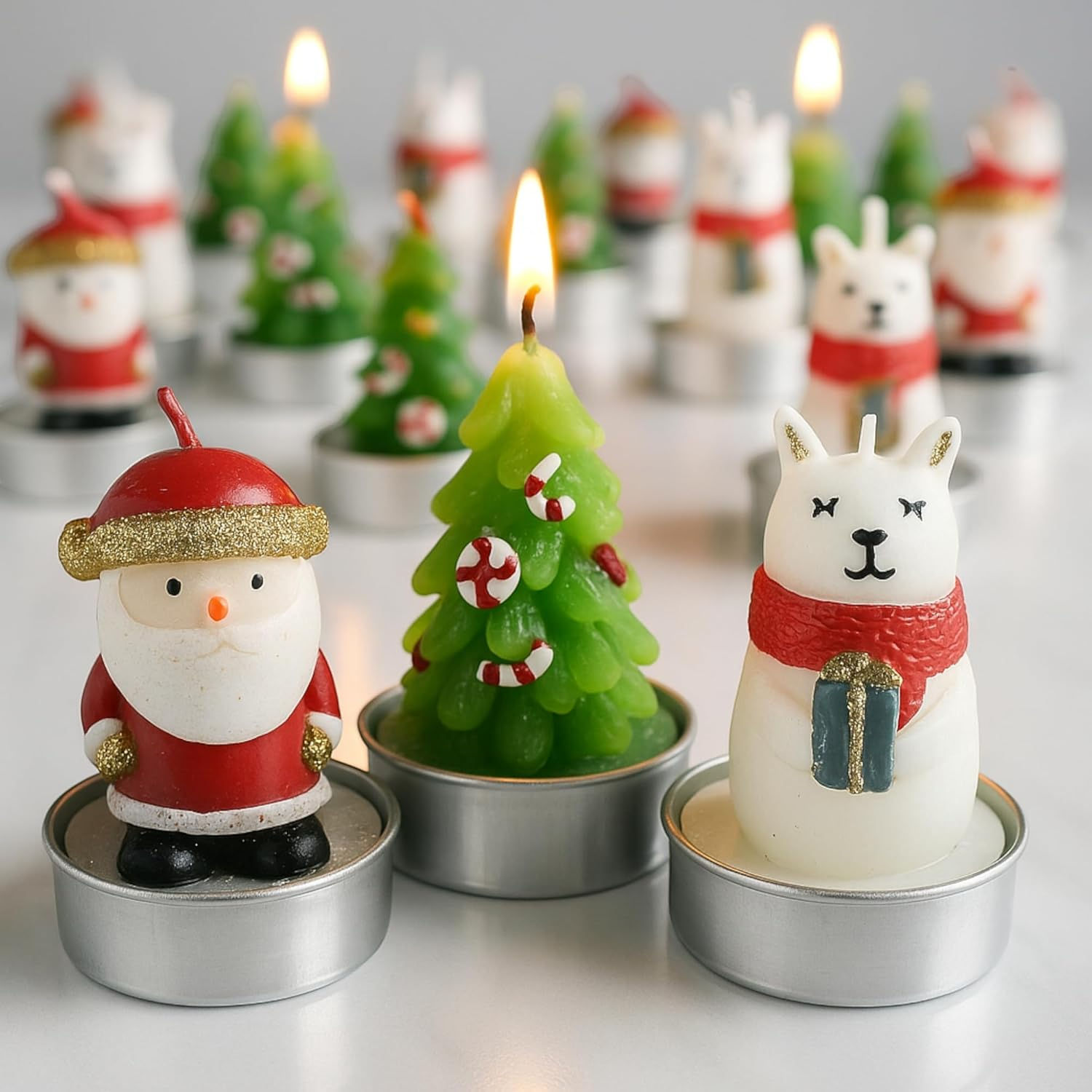 MIJOMA Christmas Tea Lights Set of 24 - Handmade Decorative Candles with Santa Claus Polar Bear Christmas Tree - Christmas Decoration Gift Idea with Long Burning Time image number 6
