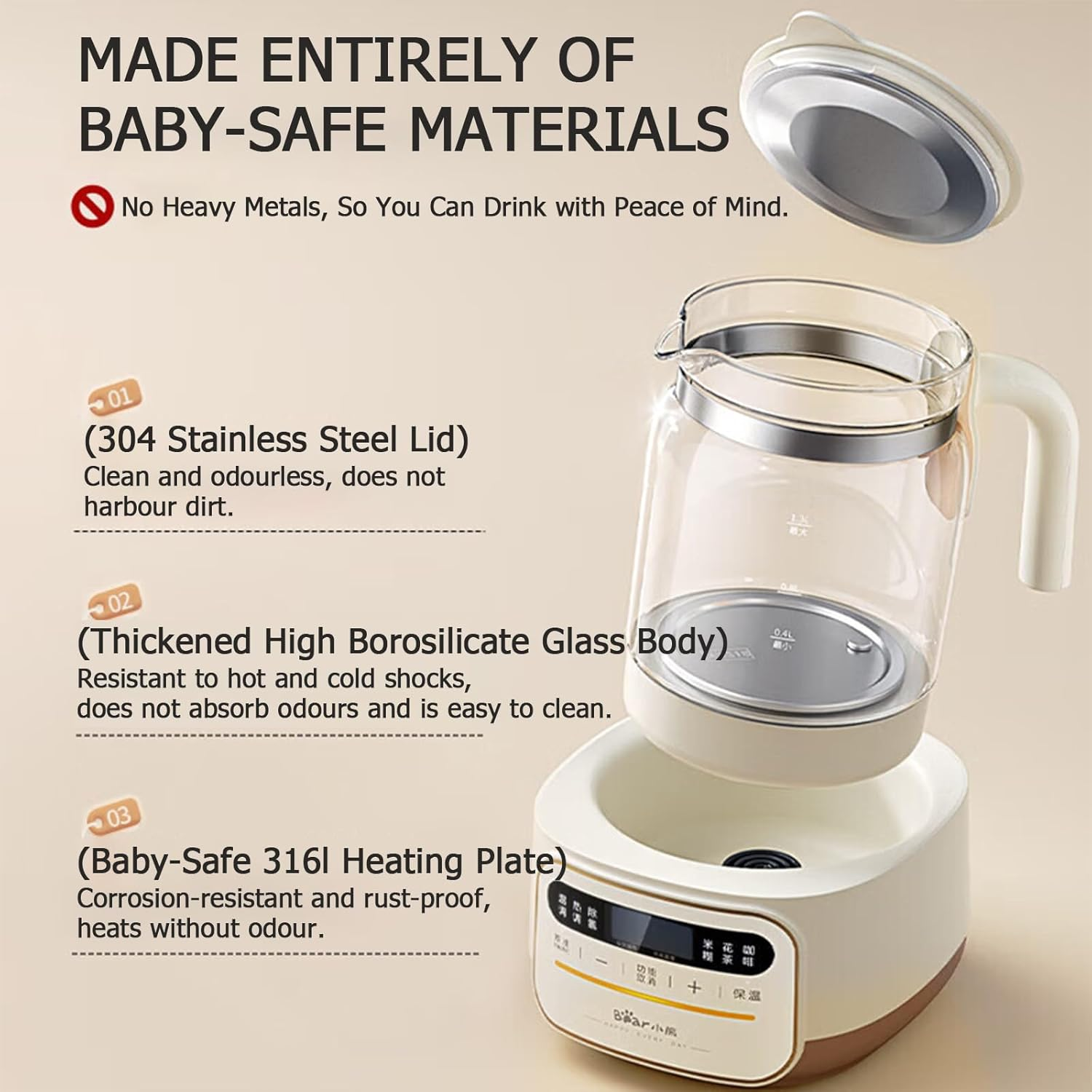 NEW Baby Bottle Warmer, 1.3L Formula Maker with &plusmn;1℃ Precision, 72H Keep Warm, 316 Stainless Steel & One-Key Purification (Chinese Panel) image number 4
