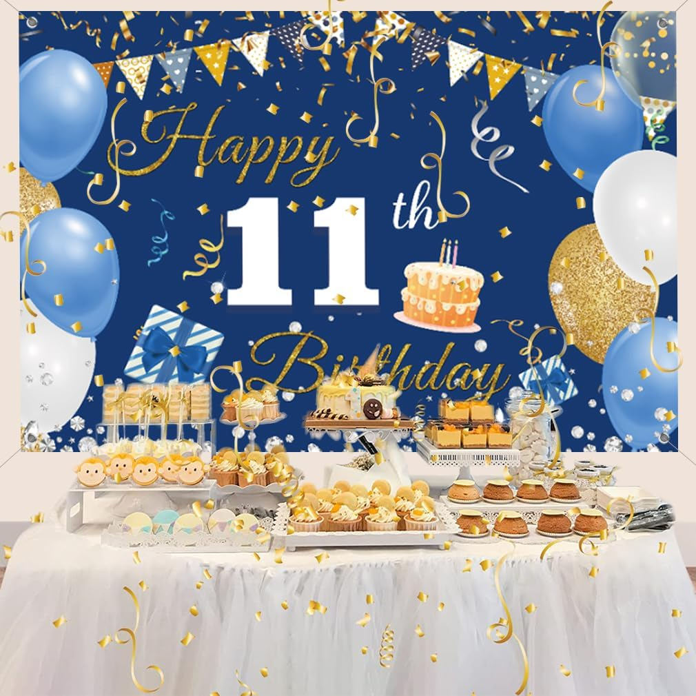 11Th Birthday Decorations Backdrop Banner for Boys/Girls Happy 11 Years Old Fabric Sign Poster, Blue Photography Background 11Th Birthday Party Supplies, 59"X35.4" image number 4
