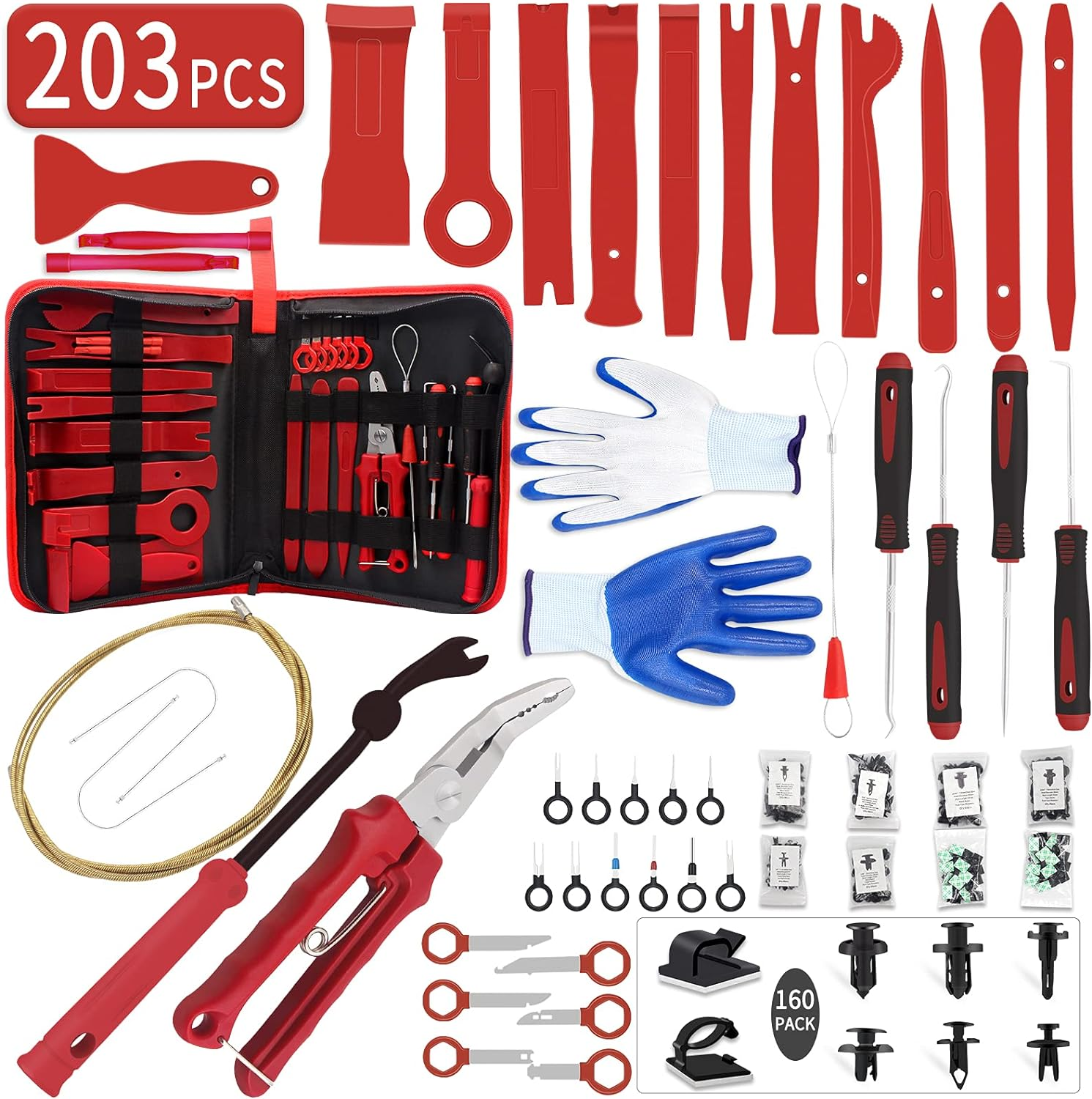 Trim Removal Tool Kit, Wetado 203 Pcs Fastener Remover Door Clip Remover, Car Panel Door Removal Tool Set, Auto Clip Plier Stereo Removal Tool, Auto Push Pin Bumper Retainer Clip with Storage Bag -Red image number 5